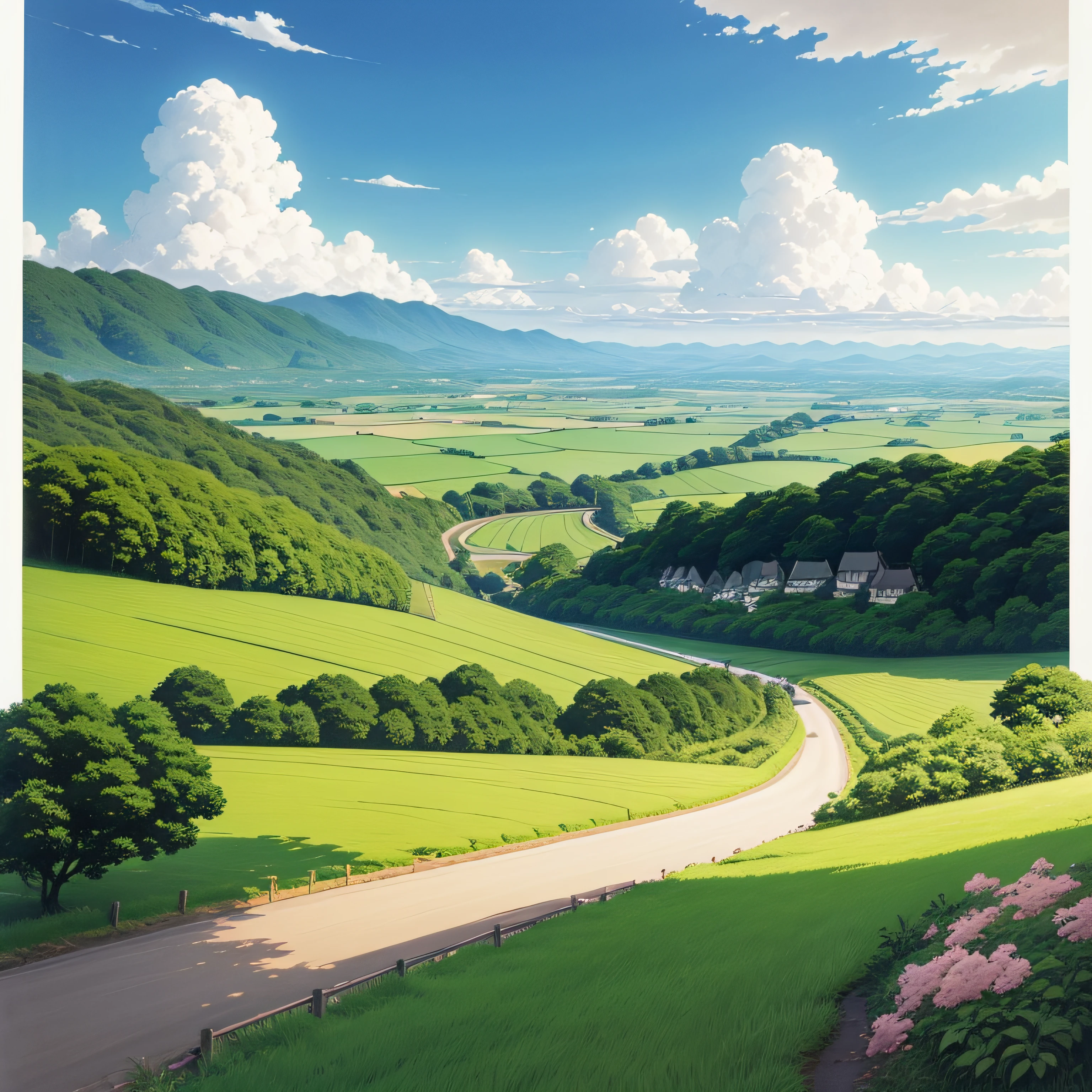 Countryside landscape in Japan、Totoro-inspired touch、Ghibli anime drawings、serial art、Beautiful anime scenes、Hayao Miyazaki's style、beautiful anime landscape、Skysky、 --auto