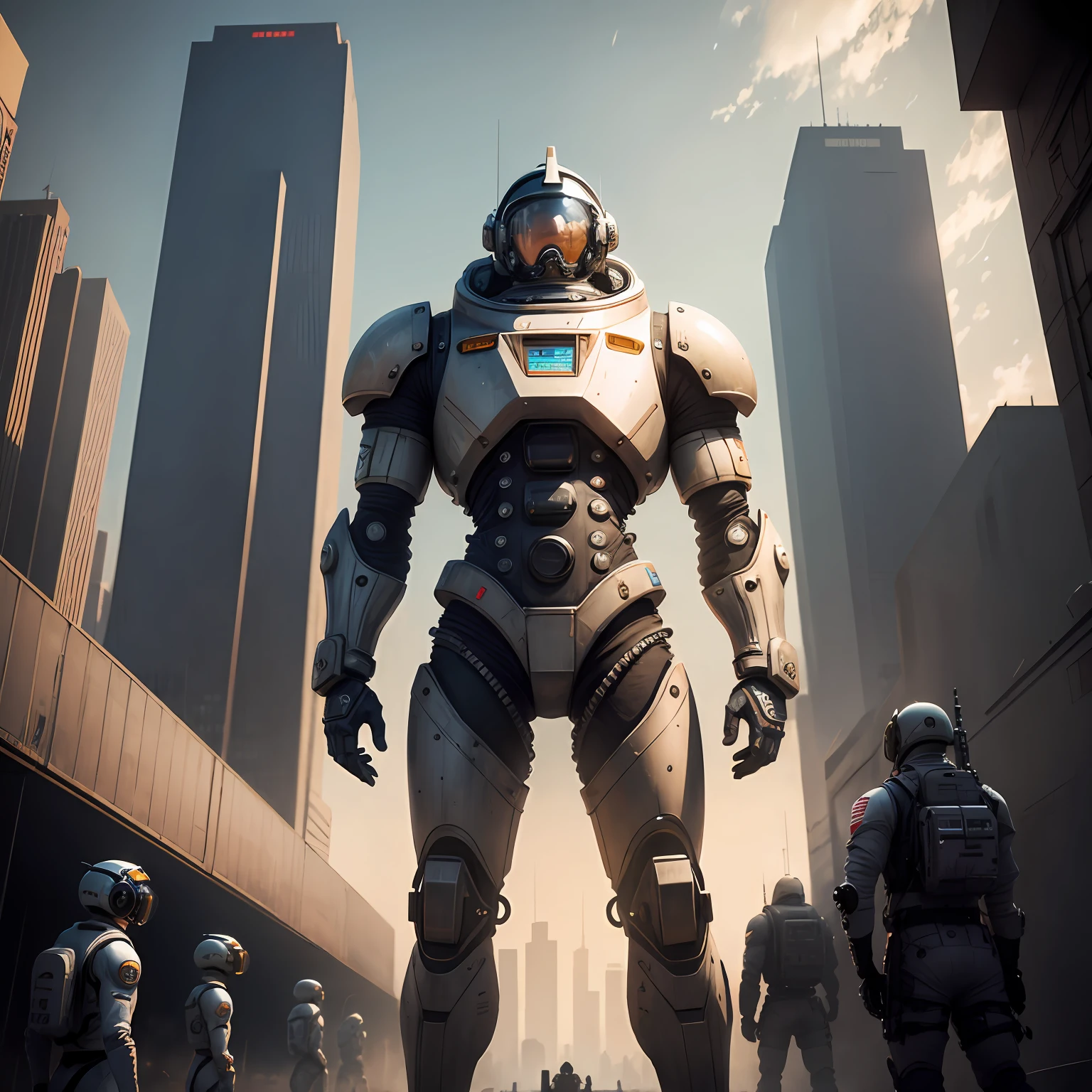 urban backdrop,Tall mechanical warrior frontal,Astronauts stand in front of mechanical warriors, --auto