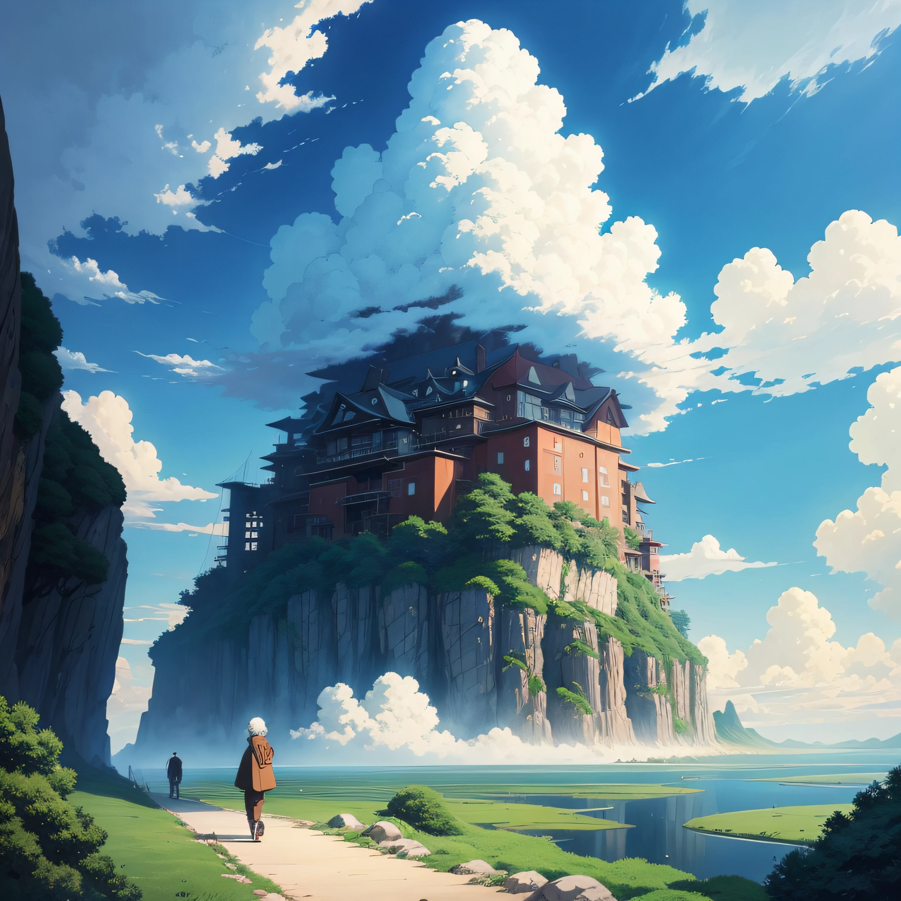 Ghibli anime drawings、serial art、Beautiful anime scenes、Hayao Miyazaki's style、beautiful anime landscape、Skysky、Mystical clouds --auto