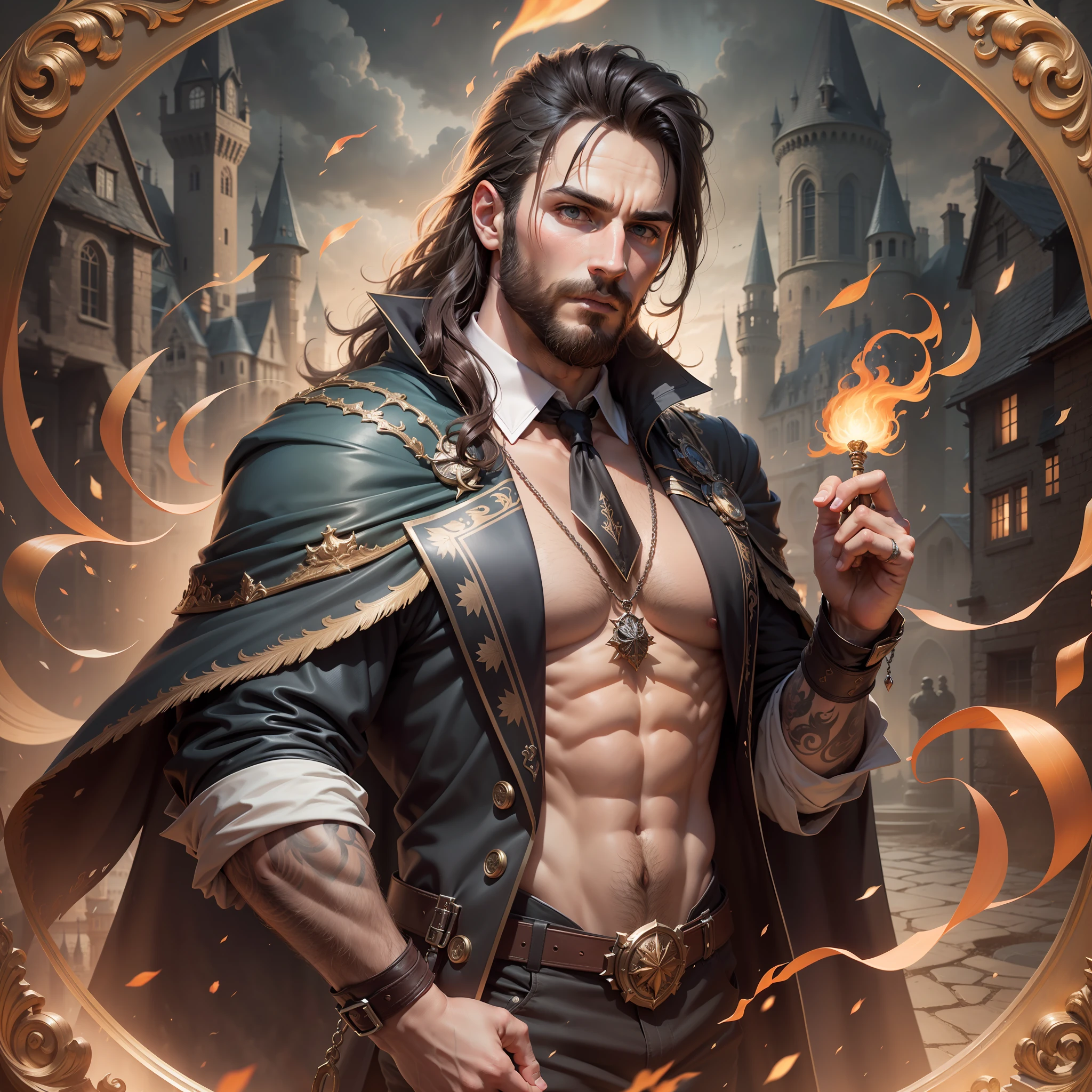 Entire body visible, Hyper-realistic, perfect face, handsome, 30 years old, ultra-detailed, 8k HD resolution. Create a scene of a handsome wizard with beard stubble casting a spell, set against the backdrop of a gothic castle full body visible, while body in frame
