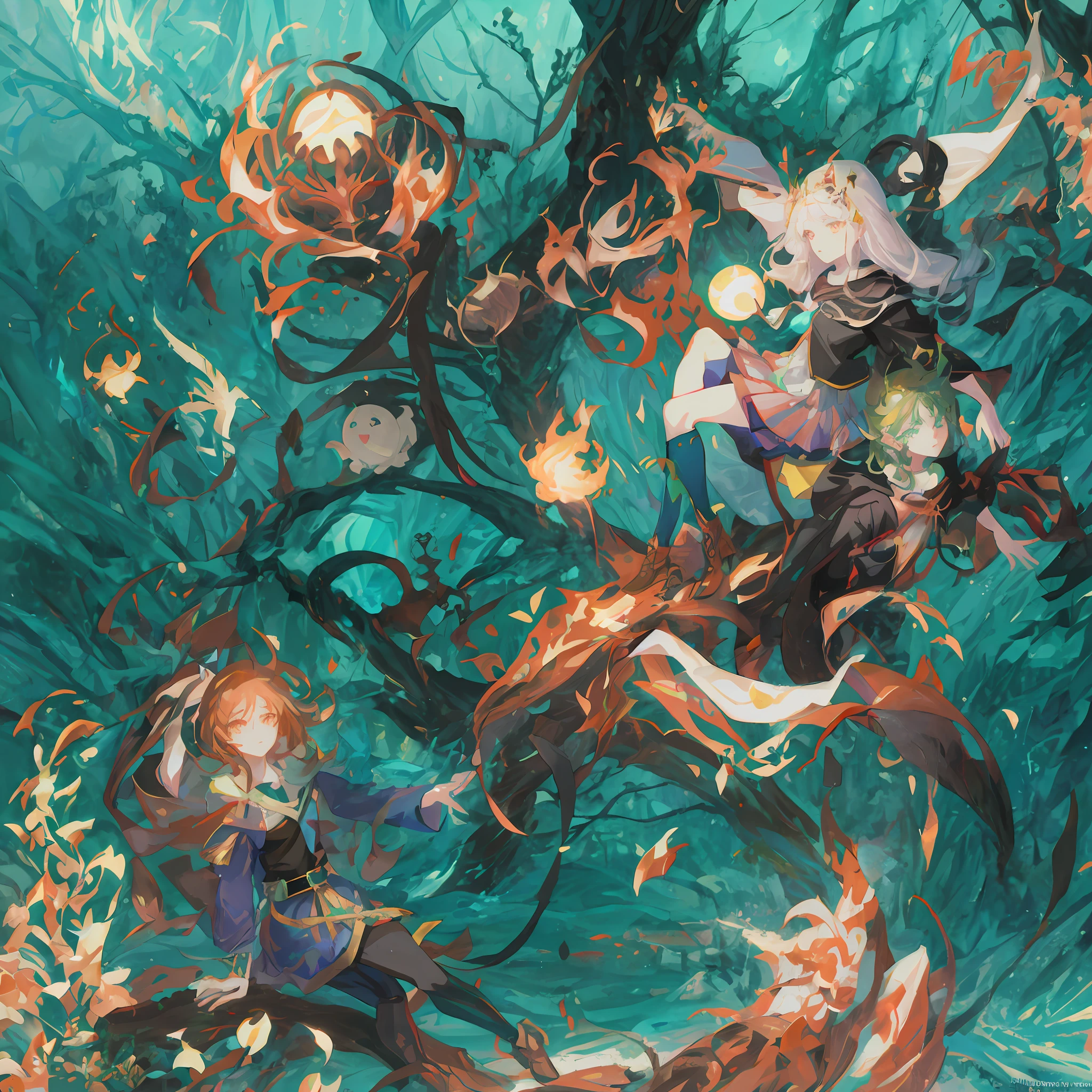 Anime characters in the forest，There are fireballs in the air, Anime fantasy illustration, Anime fantasy artwork, zerochan art, Official artwork, high detailed official artwork, trending on artstation pixiv, Official anime artwork, 2. 5 D CGI anime fantasy artwork, artwork of a, Fantasy art style, Beautiful anime artwork, A beautiful artwork illustration, anime land of the lustrous