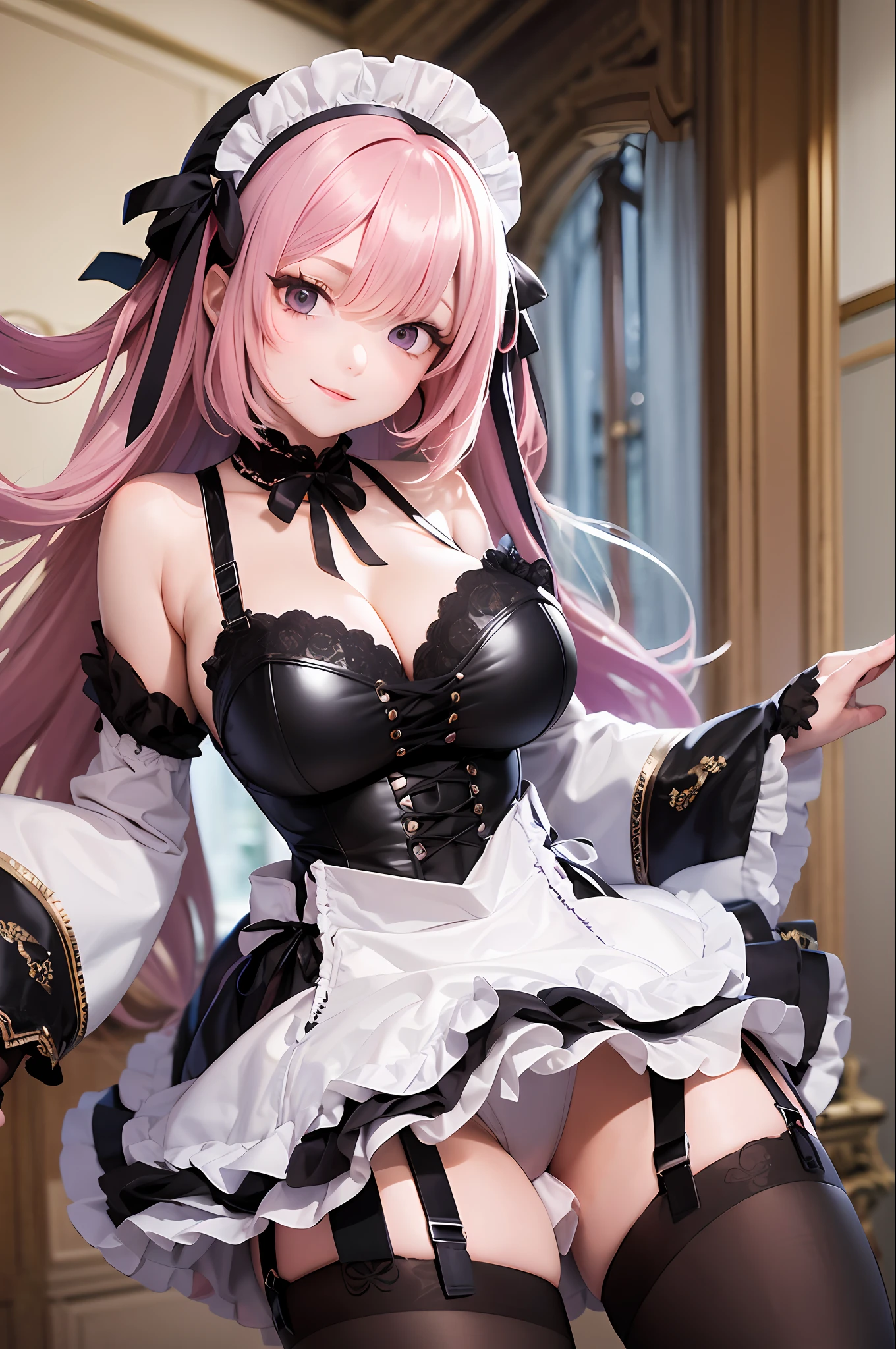 ​masterpiece, top-quality, Hi-Res, (((Evil Fall))), (((Leotard))), ram1, 1girl in, 独奏, Ram\(Re:Staynight\), A pink-haired, white thighhig, shorth hair, red eyes, Hair above one eye, Ribbon trim, Hair Ribbon, X Hair Ornament, frilld, Maid headdress, Waist apron, garter strap, a black ribbon, huge tit, long-sleeve, White Apron, Ribbon around the neck, Purple Ribbon, Wide sleeves, flower in hair,