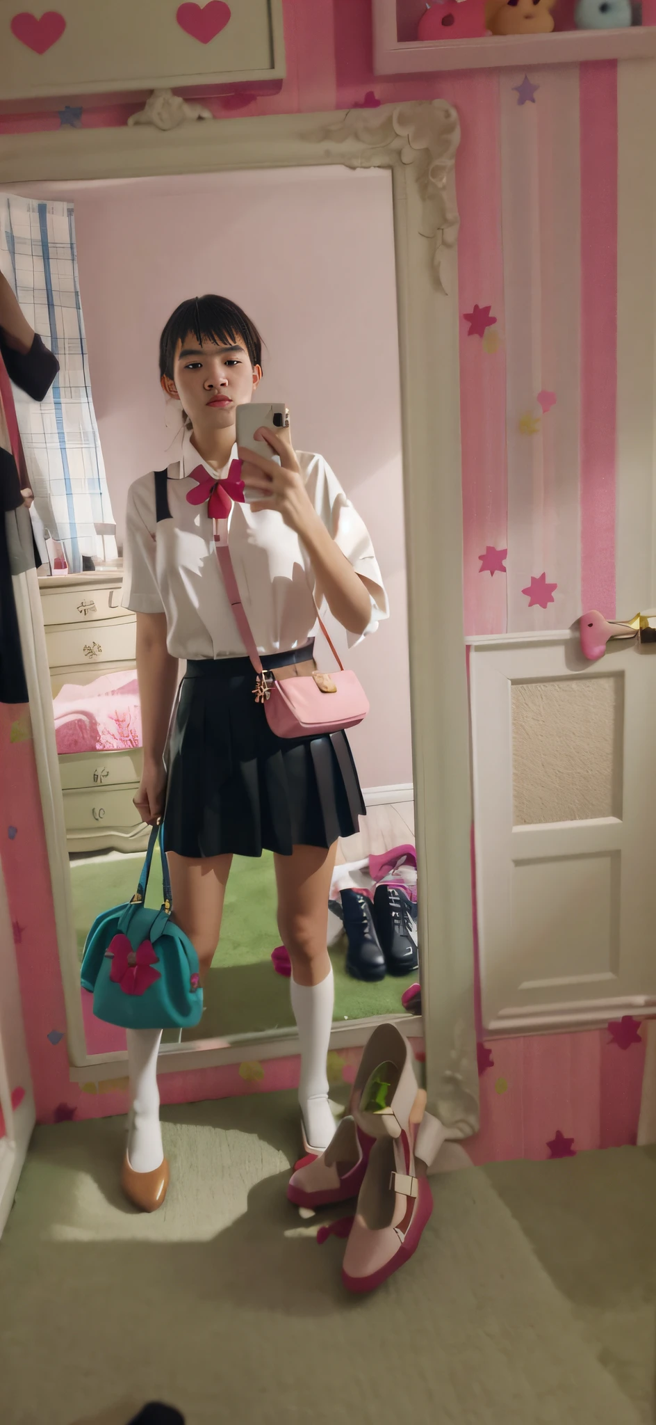 Girls' bedroom,Take a selfie in front of the mirror,black lence stockings,short skirt,leather shoes