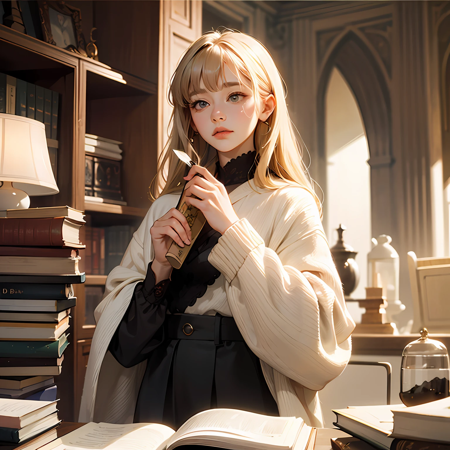 Comic bangs,A young girl,Scalloped double eyelids,tall nose bridge,Beige long-sleeved knit,Apricot linen trousers,Long hair,holding books,gentleness,plain face --auto