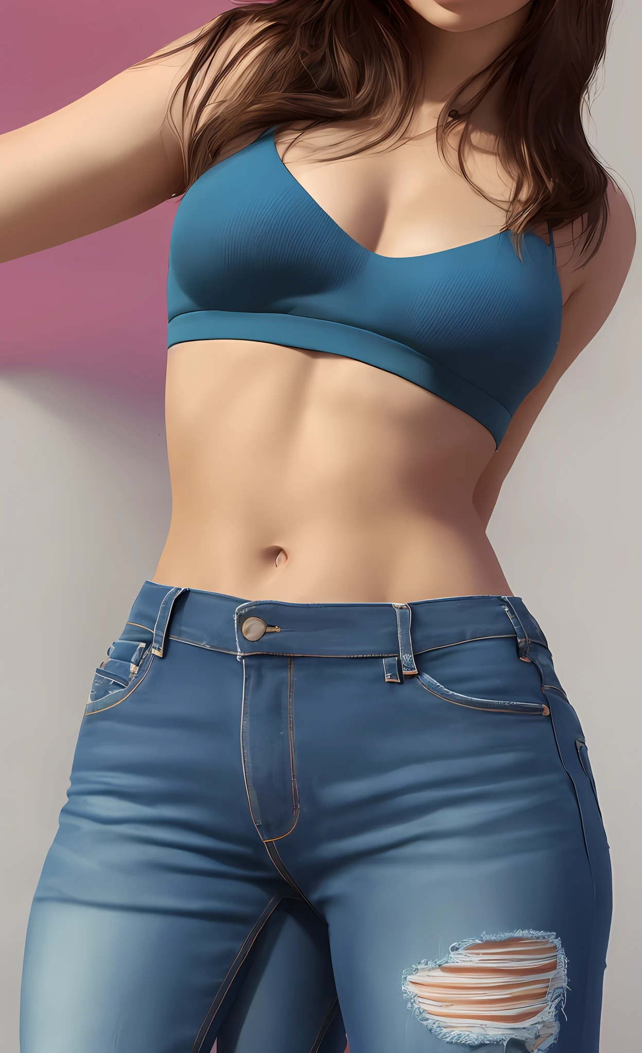 arafed woman in blue top and jeans posing for a picture, perfecr face, face, realistic shaded perfect body, photorealistic perfect body, physical : tinyest midriff ever, blue eyes, wearing a sexy cropped top, sport bra and dark blue shorts, semi - realistic render, perfectly shaded body, tinyest midriff ever, thin waist, realistic clothing, thin-waist, (((from below))), looking at you