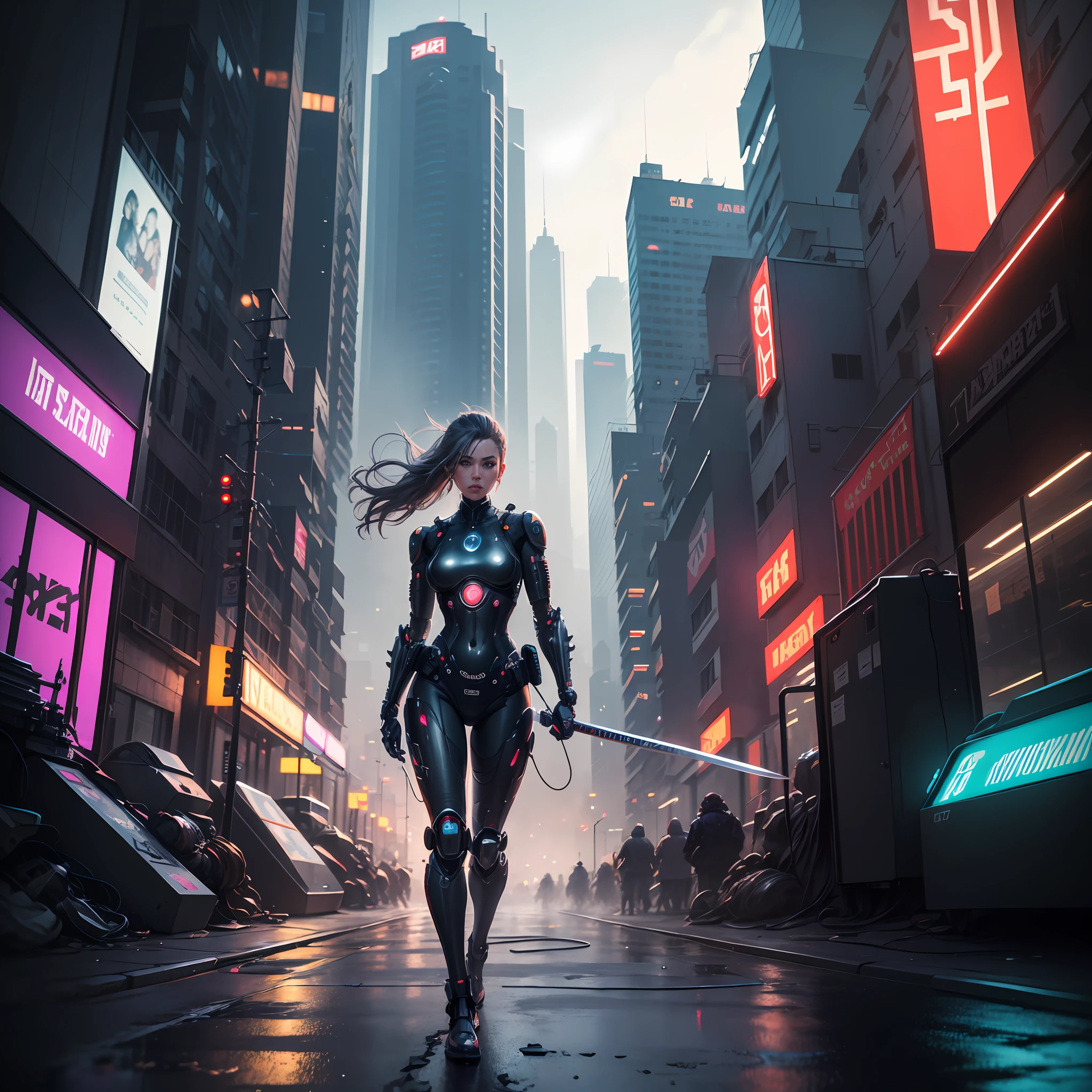 Highest quality, 8K, solo, extremely detail,(cyberpunk), (a robot holding katana),bound hair,(city scape), full body,particle,wind, looking at viewer, fight pose,fog --auto