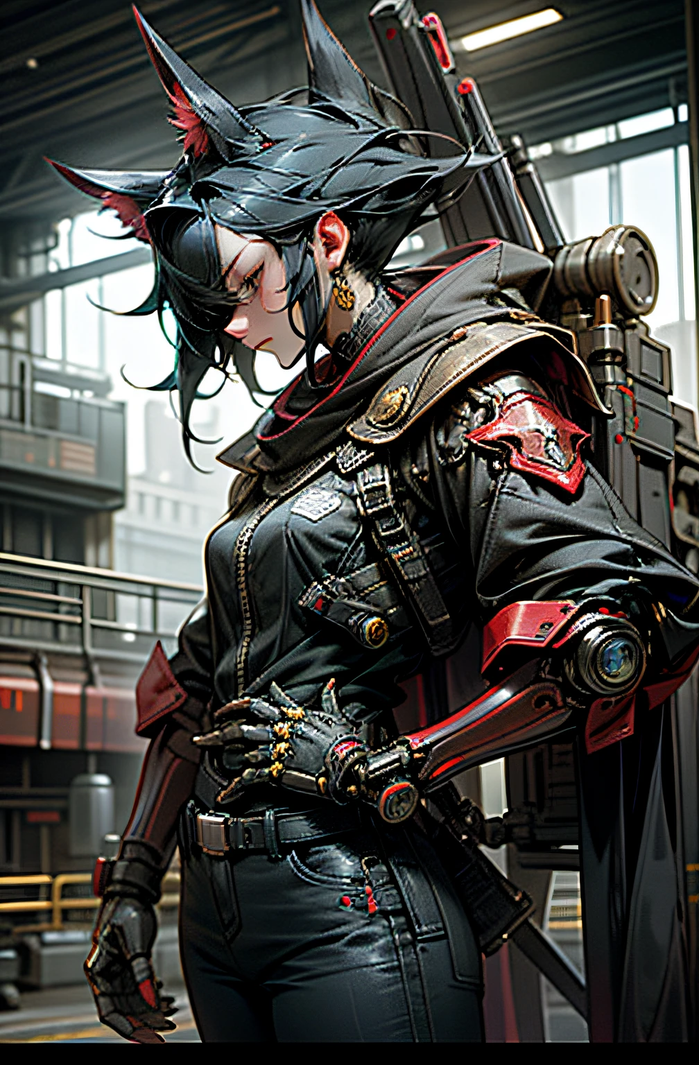 Dark fantasy、Cyberpunk themed，A woman with a red serrated device emerges from the mechanical wonder，She is the guardian of the mechanical world，Has a powerful mechanical combat power Next to it is a robot dog with the same style