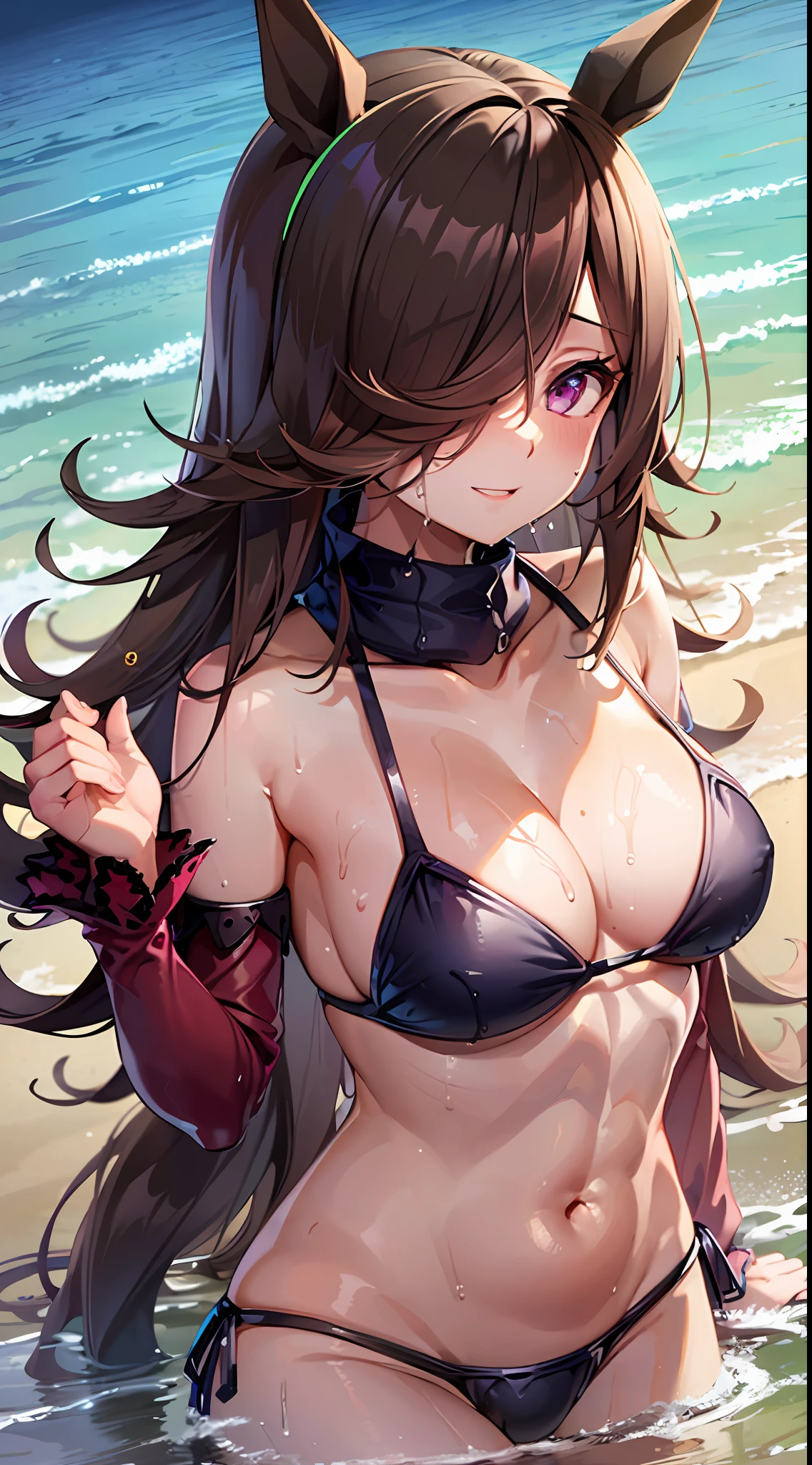 Animal eared woman standing on rocky shoreline on beach, 1girl in, Beach, Solo, Outdoors, Animal ears, Hair over one eye, Horse ears, Swimsuit, Long hair, bikini of, RiceShower (Umamusume), Navel, Purple eyes, off-shoulder bikini, Looking at Viewer, Smile, Horse Girl, ocean, breasts, Water, Sand, Brown hair, day, Wet, Bare shoulders