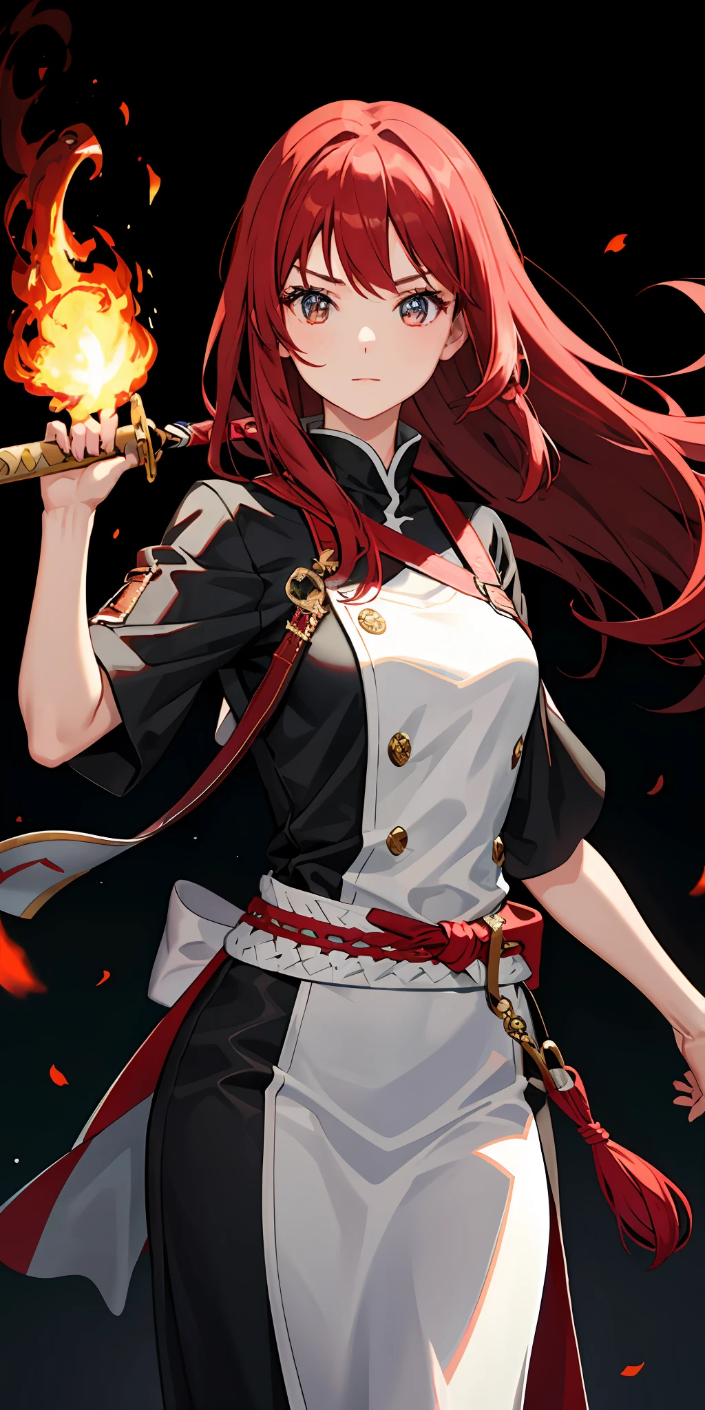 1girl in、Long red hair、Holding a sword that is wrapped in fire、Brandishing a sword at the viewer