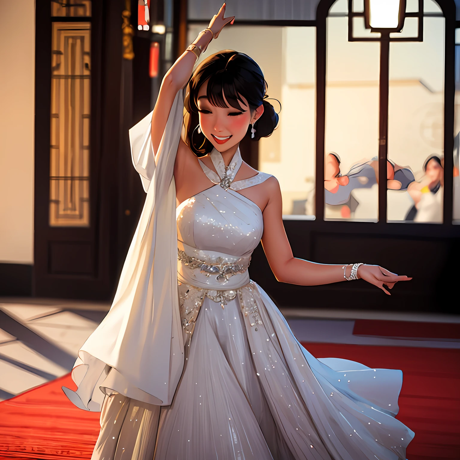 Black hair, hair bobbles, Light smile, Ear blush, ssmile, low head, dances, Oriental women, wedding gown, White moonlight