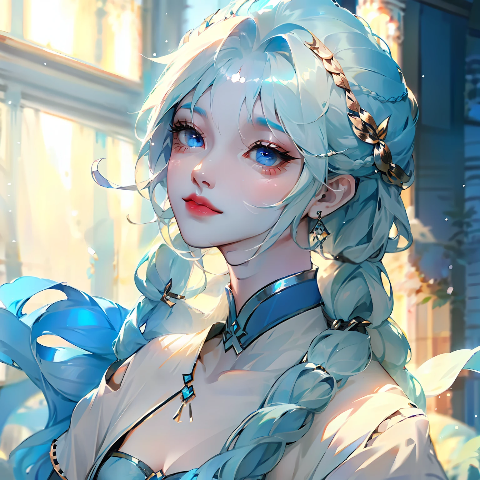 blue hairs,long braid,White-colored skin,Blue eyes,look up to,Light smile,full bodyesbian,tmasterpiece,Need