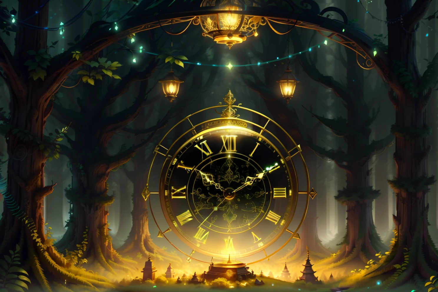 photo of a large hand holding an antique gold watch, flores, magia-fantasia-floresta, arte digital, most amazing art in the world, ((sem humanos)), Light Volumetric, cores suaves equilibradas, forest scenario, videiras, uhd, render de octanas 8k, magica, Awesome, ethereal, intrincado, design intrincado, ultra sharp, sombras, cores mais frias, trend in CGSociety, ((melhor qualidade)), ((obra-prima)), (detalhado), Antique clock