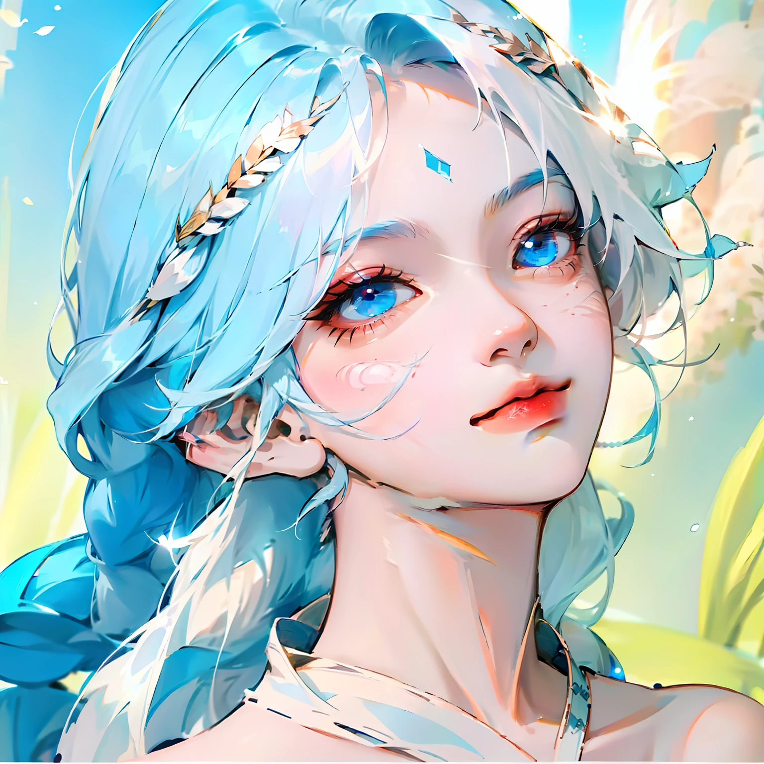 blue hairs,long braid,White-colored skin,Blue eyes,look up to,Light smile,full bodyesbian,tmasterpiece,Need