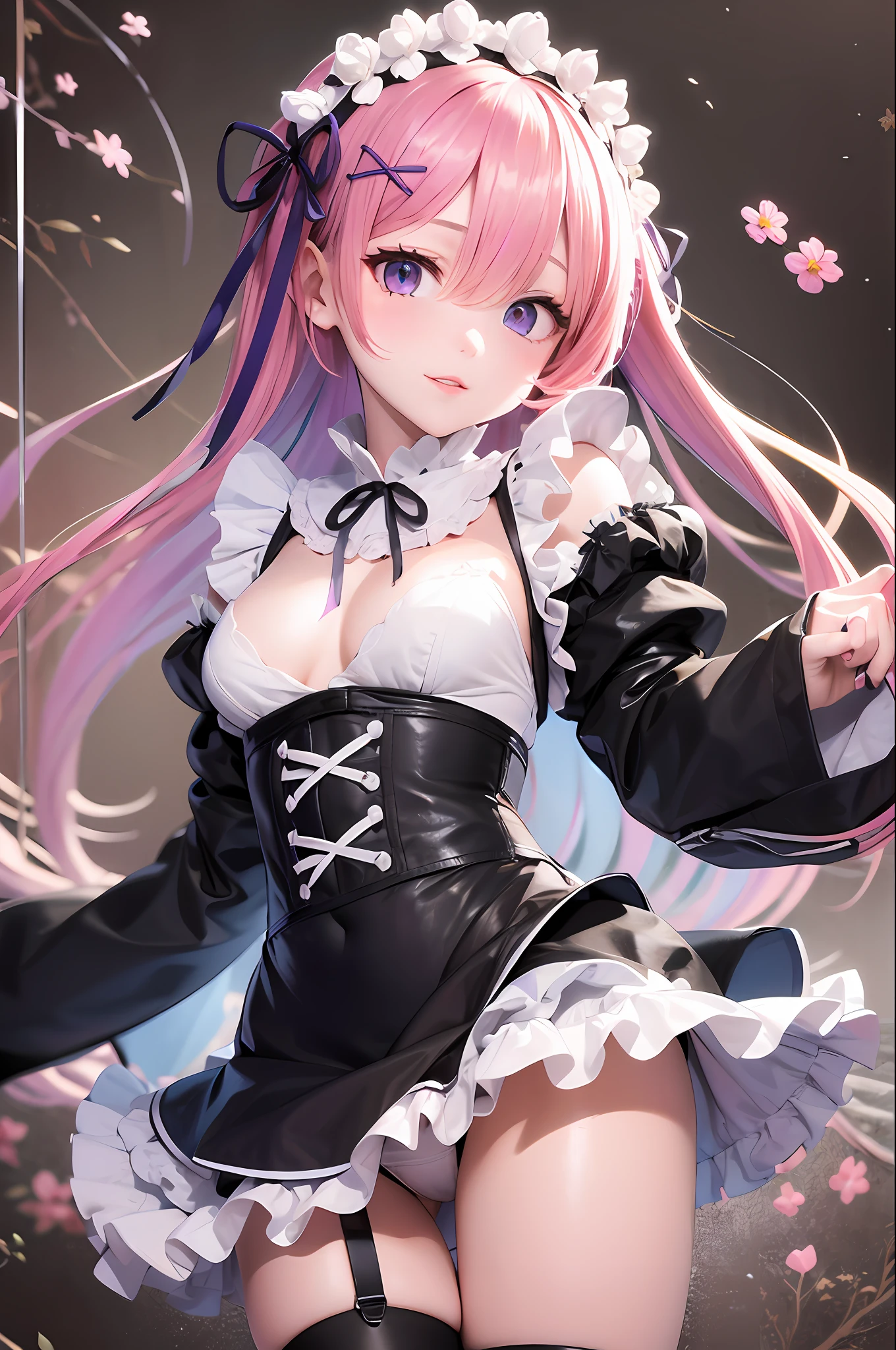 ​masterpiece, top-quality, Hi-Res, Evil Fall, leotard, ram1, 1girl in, 独奏, ram\(re:Zero\), A pink-haired, white thighhig, shorth hair, red eyes, Hair above one eye, Ribbon Trim, Hair Ribbon, X Hair Ornament, frilld, Maid Headdress, waist apron, garter strap, Black ribbon, small tits, long-sleeve, White apron, Ribbon around the neck, Purple ribbon, Wide sleeves, flower in hair,