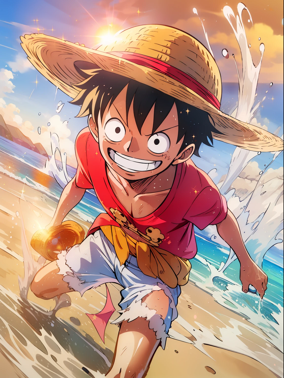 (a beautiful beach),(clear blue sky),(golden sand),(calm ocean),(happy luffy),(playing in water),(straw hat),(red t-shirt),(bright sun),(dynamic camera angle),(sparkling water),(vibrant colors)