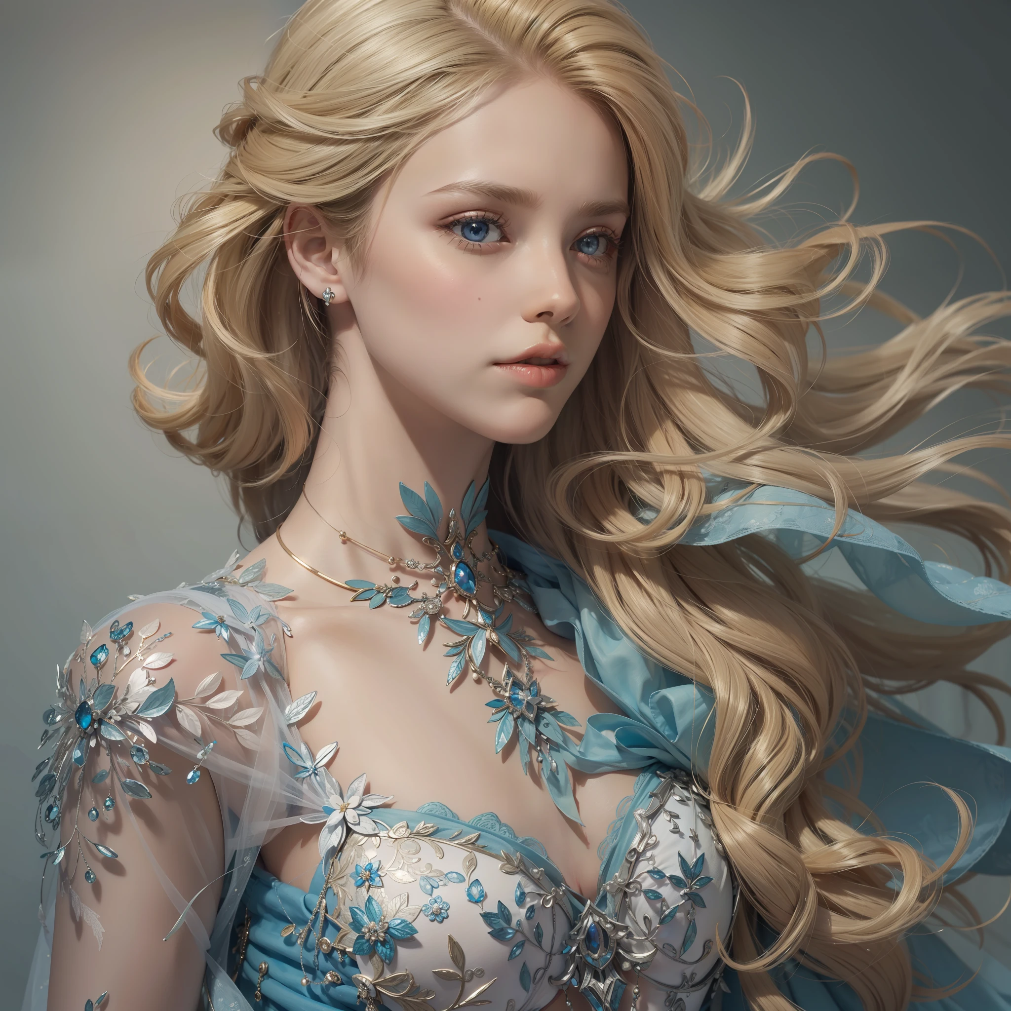 "(((obra-prima))), melhor qualidade, ultra-detallhado, High resolution CG image with a beautiful blonde woman with bright blue eyes, retratados em detalhes fascinantes. His delicate body is accurately represented at every angle. Ela possui longos cabelos loiros que caem suavemente sobre seu vestido da era vitoriana. The upper part of his body is sculpted to perfection. "