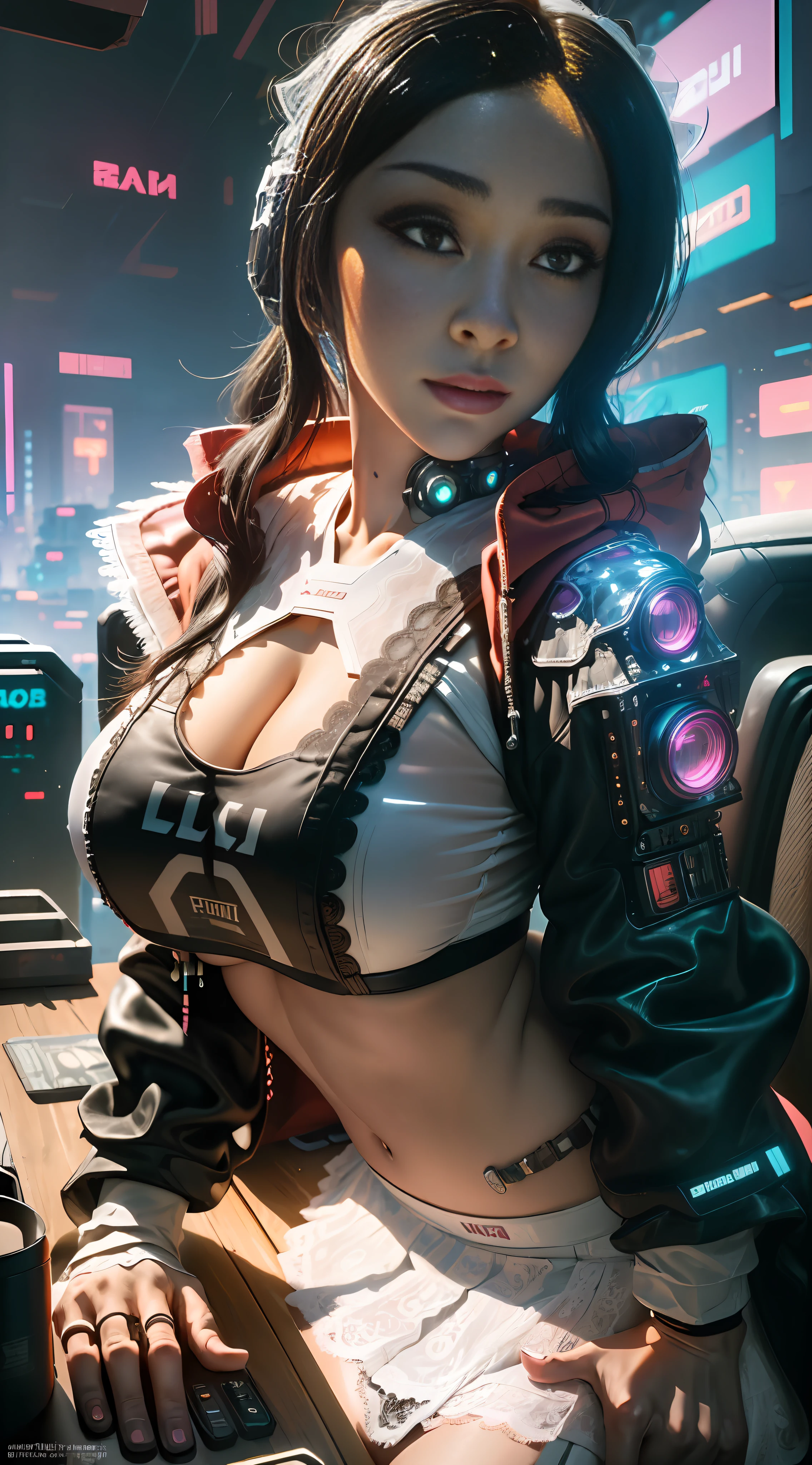 ((Best quality)), ((masterpiece)), (highly detailed:1.3), 3D, beautiful, (cyberpunk:1.6), in space, nebula, (holding_weapon:1.3), laser, (1Female mecha:1.3), sexy body, facing the audience, Glowing eyes, full body, (flying, swooping down, dynamic, motion blur: 1.4), (huge mech wings: 1.6), looking up, glowing_eyes, mecha, panorama, background is earth, nebula, space, particles, Reality, HDR (High Dynamic Range), Ray Tracing, NVIDIA RTX, Super Resolution, Unreal 5, Subsurface Scattering, PBR Textures, Post Processing, Anisotropic Filtering, Depth of Field, Maximum Clarity and Clarity, Multilayer Textures, Albedo and Specular maps, Surface shading, accurate simulation of light-material interaction, perfect proportions, Octane Render, two-tone lighting, large aperture, low ISO, white balance, rule of thirds, 8K RAW, efficient sub-pixel, sub-pixel volume product,  (best quality),(Japanese:0.5),(korean:0.8), (Liu Yi Fei:1.5) long hair, (big breast:1.2),(underboob:1.5), (white transparent lace mini skirt:1.5)