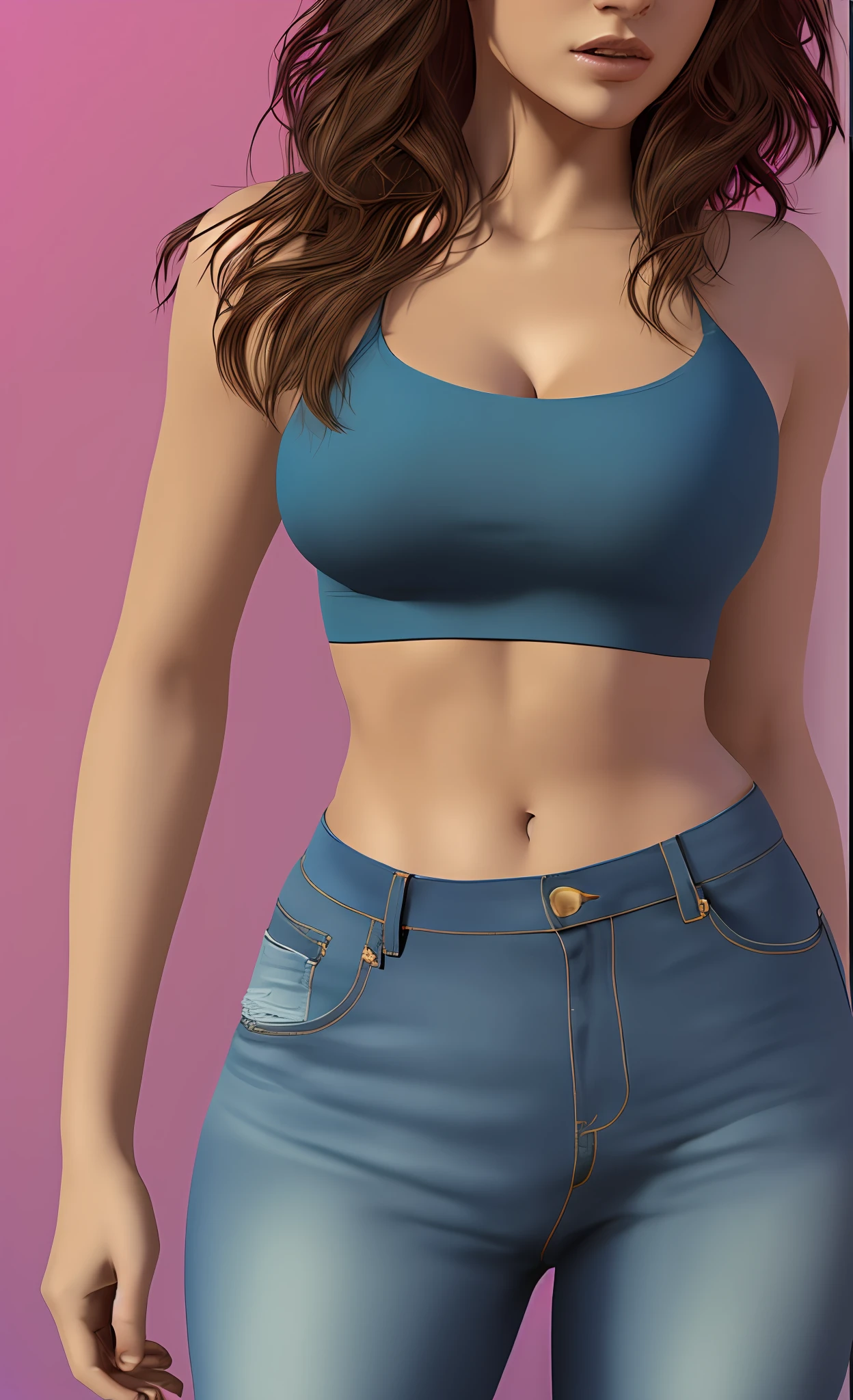 arafed woman in blue top and jeans posing for a picture, perfecr face, face, realistic shaded perfect body, photorealistic perfect body, physical : tinyest midriff ever, blue eyes, wearing a sexy cropped top, sport bra and dark blue shorts, semi - realistic render, perfectly shaded body, tinyest midriff ever, thin waist, realistic clothing, thin-waist