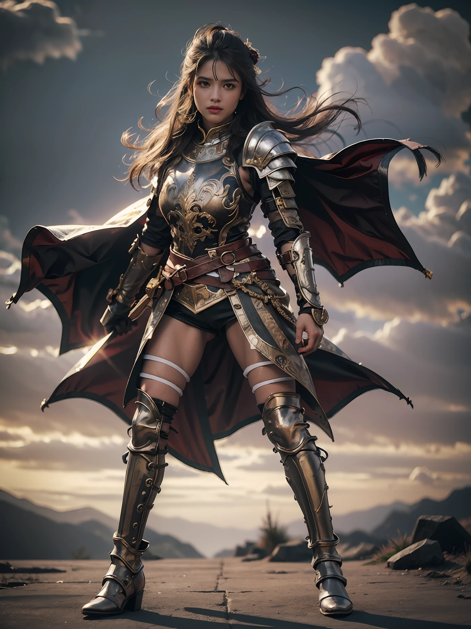 1menina, solo, female warrior with black armor, longos cabelos pretos, zangada, extremely beautiful girl, maquiagem sutil, hora prateado, fotorrealista, alto contraste, 8k HD, detalhado, hiper-detalhado, textura de pele realista, cabelo ?????, melhor qualidade, ultra alta res, foto crua, lighting dramatic, motor irreal, brilho difuso intrincado eaba prateado, capa preta, campo de batalha, standing on her feet
