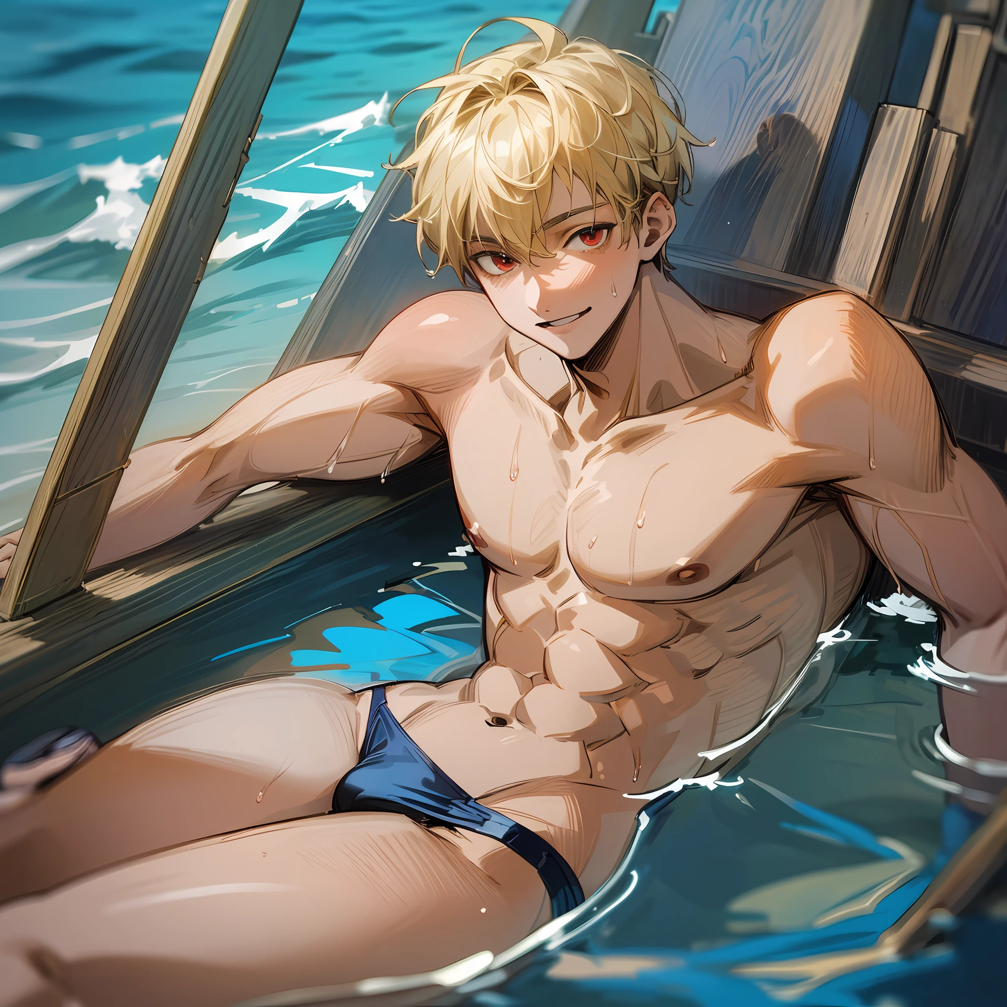 ((masterpiece)),(((best quality))), (high-quality, breathtaking),(expressive eyes, perfect face), 1boy, solo, male, short, young, 18 yo boy, short blonde hair, red eyes, smiling, speedos, slim, shirtless, wet, under water, ocean, beautiful scenery, blue sky --auto