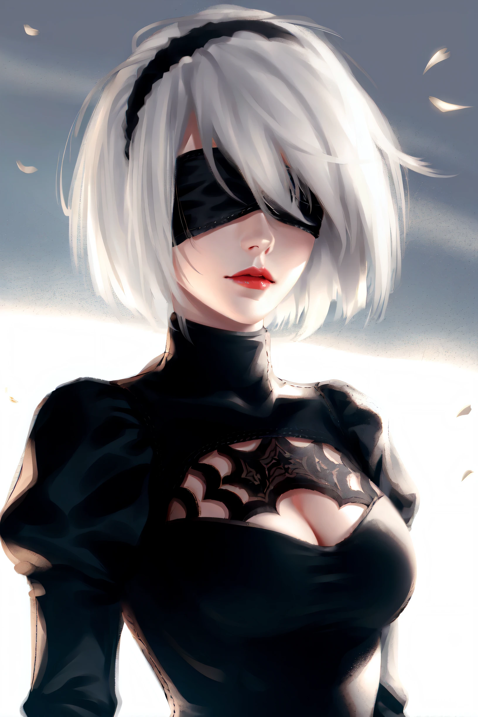 yorha no. 2 type b, 1girl, wlop, (blindfold), breasts, cleavage, cleavage cutout, clothing cutout, green background, hair between eyes, hairband, highres, juliet sleeves, long sleeves, nier (series), nier automata, puffy sleeves, red lips, shaded face, short hair, solo, turtleneck, upper body, white hair, sky