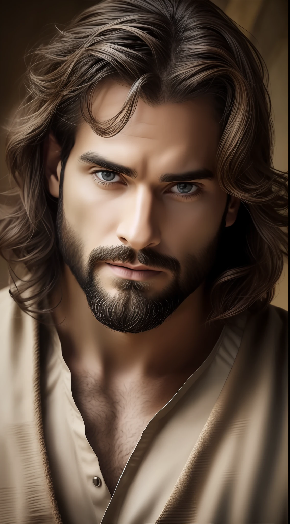 Seth Rollins como Jesus Cristo, wearing tunic, focar nos detalhes do rosto, cabelo escuro preto, semelhante ao seth rollins, wearing the long beige tunic of Jesus, Biblical style of Jesus, imagem realista, fundo da imagem preto escuro , melhor qualidade, 8k, focar nos detalhes.