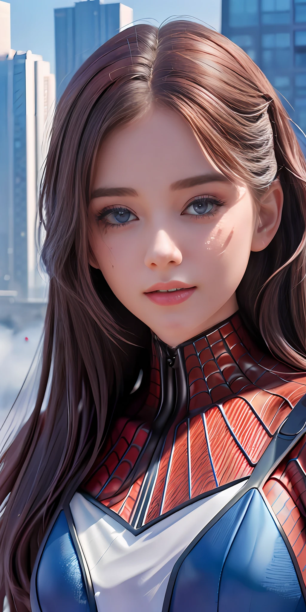 (1girl:1.3), Solo, (((Very detailed face)))), ((Very detailed eyes and face)))), Beautiful detail eyes, Body parts__, Official art, Unified 8k wallpaper, Super detailed, beautiful and beautiful, beautiful, masterpiece, best quality, original, masterpiece, super fine photo, best quality, super high resolution, realistic realism, sunlight, full body portrait, amazing beauty, dynamic pose, delicate face, vibrant eyes, (from the front), She wears Spider-Man suit, red and black color scheme, spider, very detailed city roof background, rooftop, overlooking the city, detailed face, detailed complex busy background, messy, gorgeous, milky white, highly detailed skin, realistic skin details, visible pores, clear focus, volumetric fog, 8k uhd, DSLR, high quality, film grain, fair skin, photo realism, lomography, futuristic dystopian megalopolis, translucent