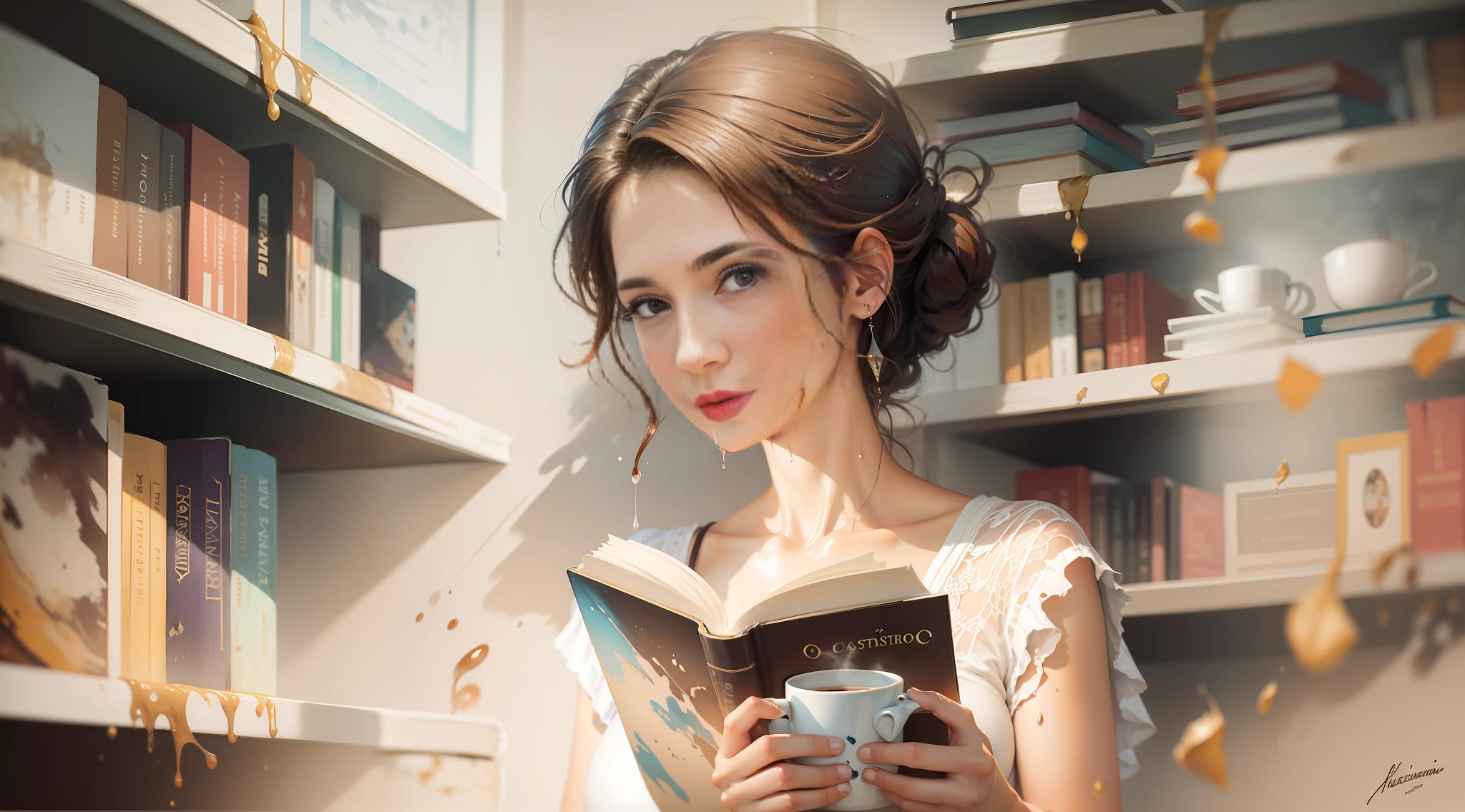 Uma cena incrivelmente bonita, garota morena de olhos castanhos lendo um livro, coffee mug, biblioteca de fundo, pintura de Willem Haenraets, Aquarela, wet on wet and splattering techniques, Centrado, perfect composition, Abstraction, surrealismo.