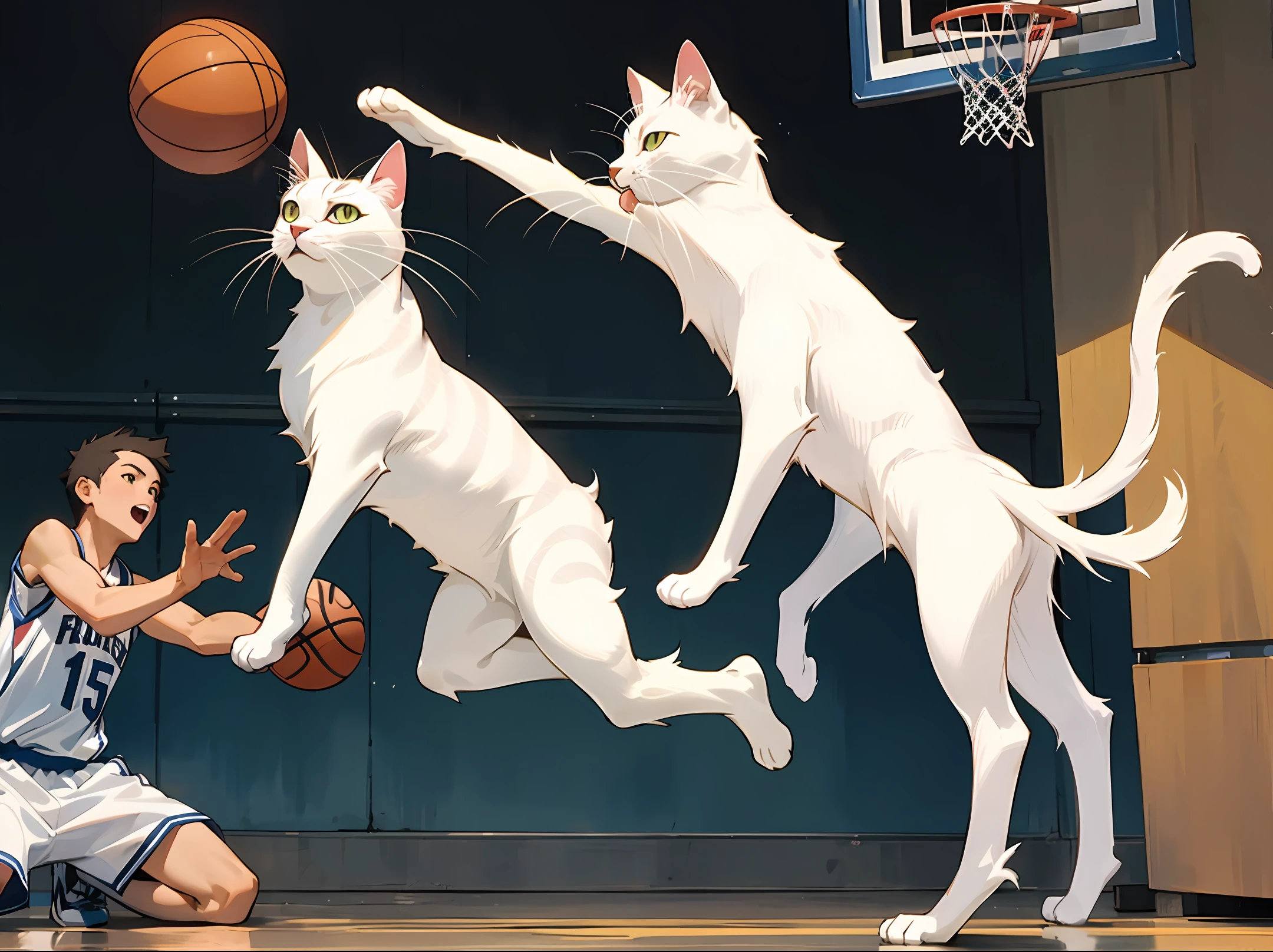 A white cat playing basketball