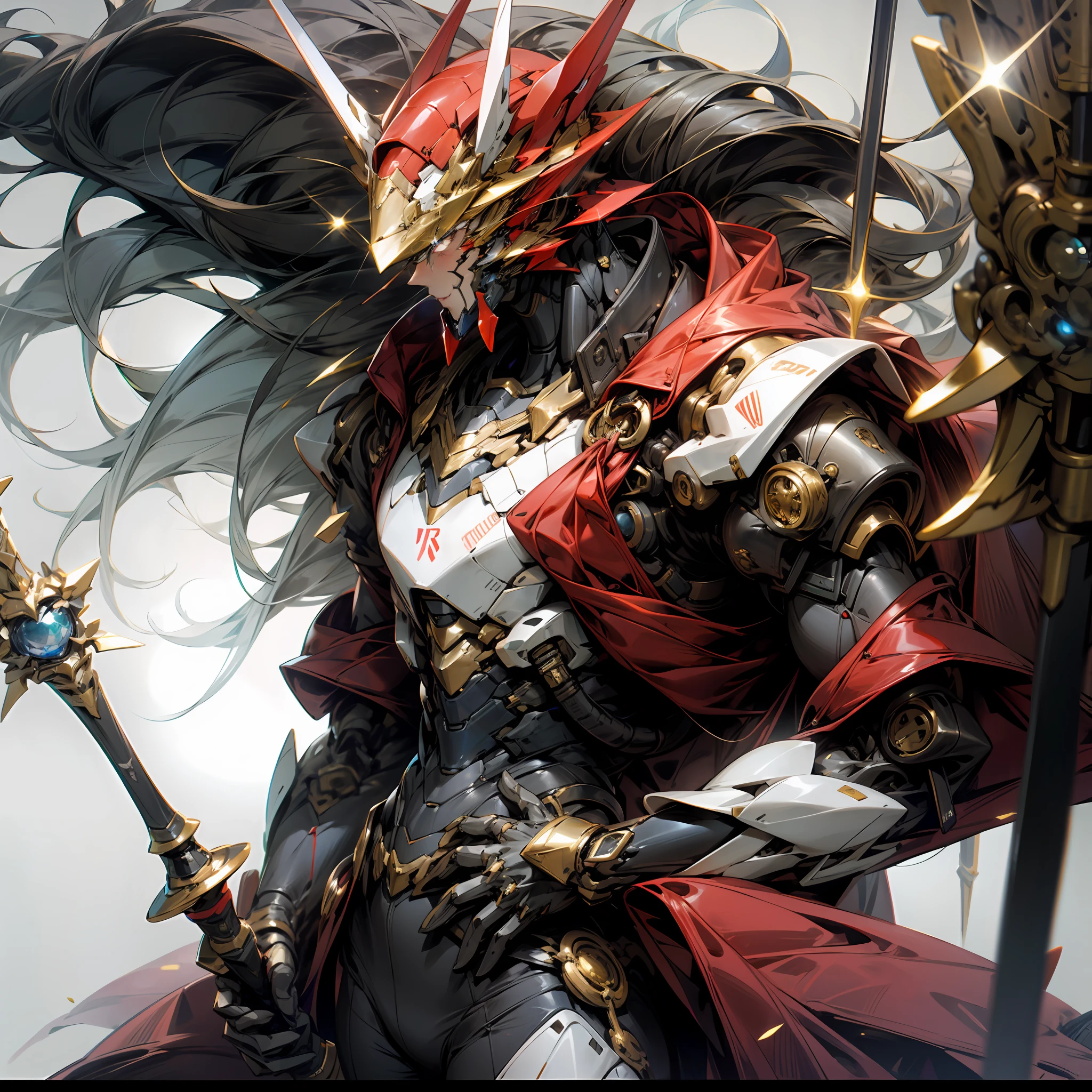 of a guy,Dressed in a mech,The mecha is very cool, and the main color is gold,A blue gemstone is set on the chest,Shine brightly,He wears a mecha helmet,There was a red glint in his eyes,Holding a blue rapier in his hand --auto