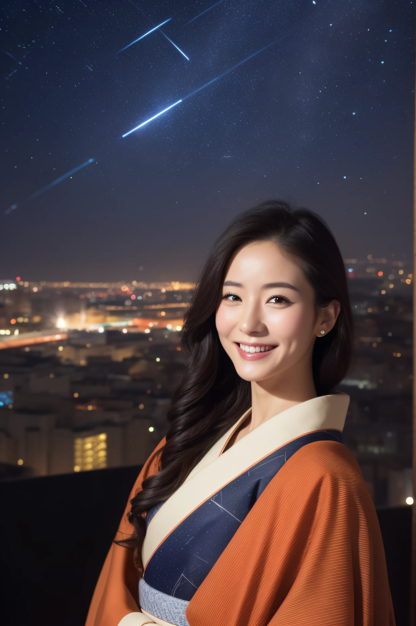 ((top-quality、8K、masterpiece:1.3))、full body Esbian、long legged、Crisp focus:1.2、Beautiful Women in Perfect Style:1.4、(hair adornments) 、((Kimono))、(happy facial expression、standingn:1.2)、((city night scene、starrysky:1.3))、Highly detailed facial and skin texture、A detailed eye、二重まぶた、smile