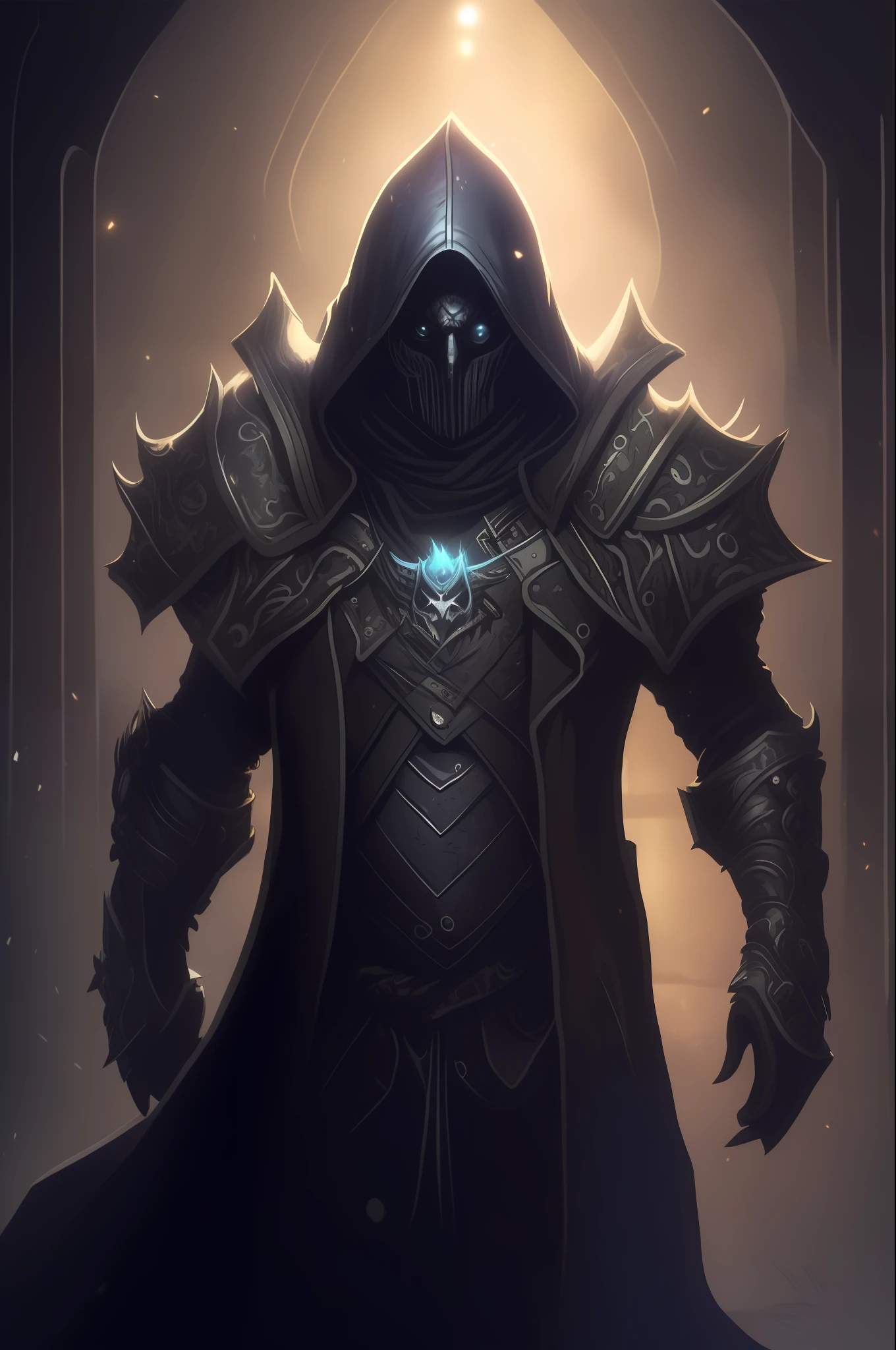 um homem com capuz e capuz parado em um corredor escuro, necromante de capa escura, armadura escura, Arquimago, manto escuro, Mago morto-vivo, Retrato de um Mago, cavaleiro da morte, Dark robes, mago, Wraith com capuz escuro, Um feiticeiro todo-poderoso, Lich Demon Mage Classe, armadura de sombra, usando uma armadura escura