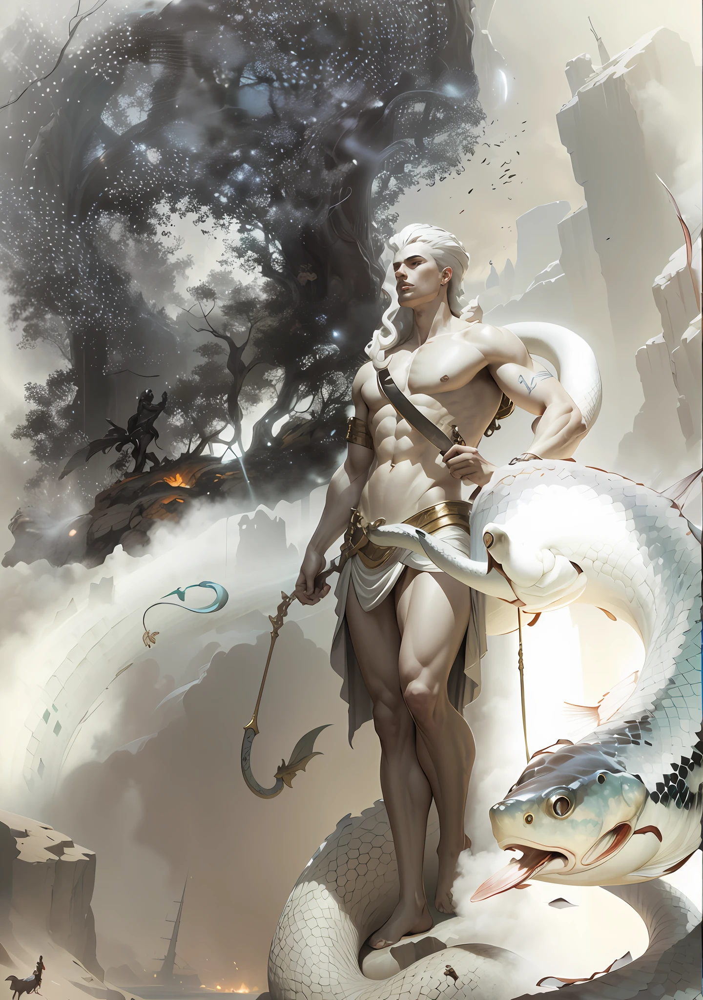 There is a statue of a man holding a fish and a snake, greek myth digital painting, God concept art, art of wlop and greg rutkowski, digital fantasy illustration, mythology artwork, peter mohrbacher. Unreal Engine, Goddess. extremely high detail, concept art digital illustration, mohrbacher, trending digital fantasy art, greek god, wlop art