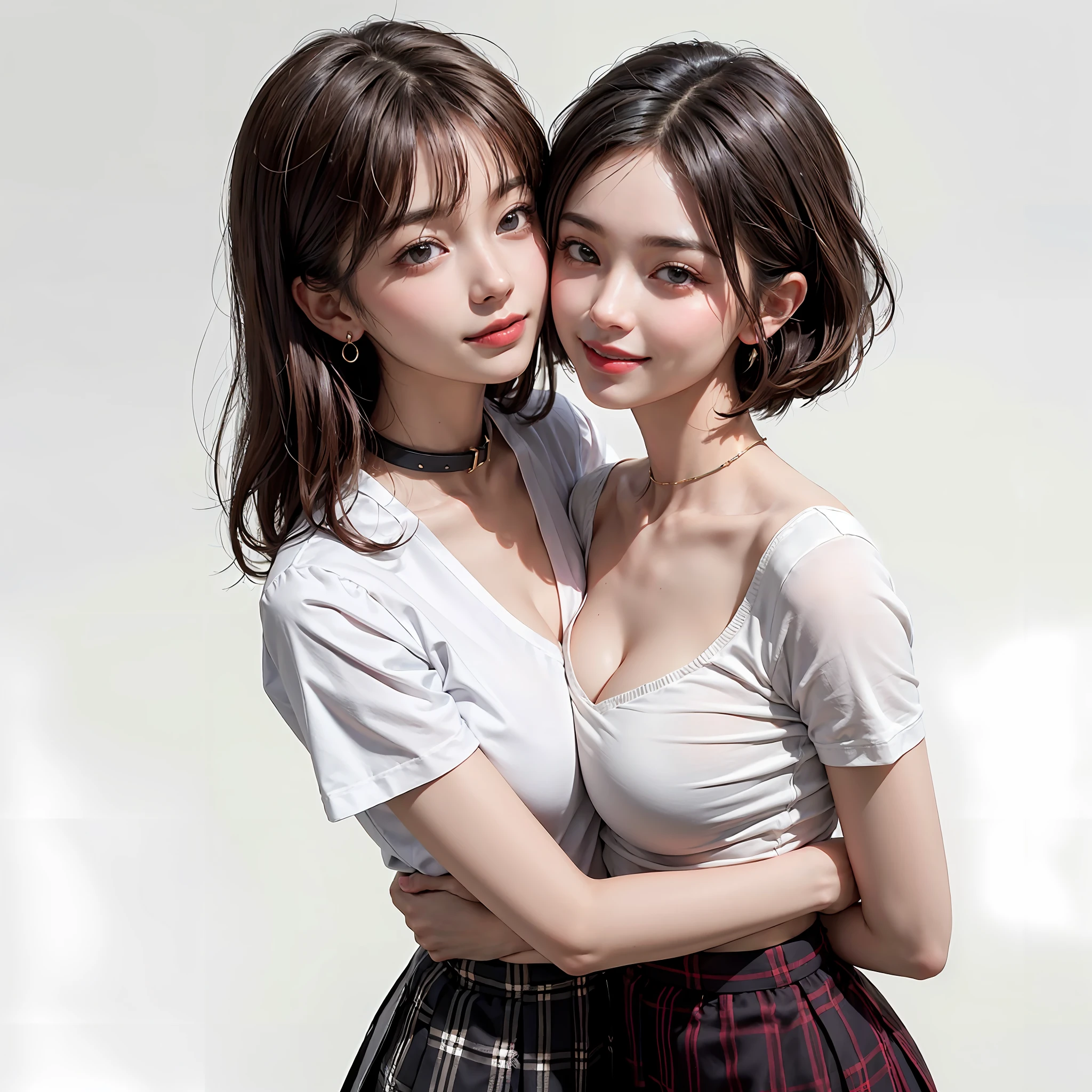 Two people facing each other and hugging happily、Two people hugging each other happily、Two people hugging each other tightly、Two people put their cheeks together、Two people sticking cheek to cheek、Two people touching cheeks with cheeks、Both of them stare intently at the camera、Look firmly at the camera、Lesbian couple、Lily couple、((Bring your cheeks together))、Two pretty and pretty girls、masterpiece、top-quality、realisticlying、realisitic、Seductive bright smile、Both of them have short clean hair with bangs、bangss、bangss、Both have short hair、clean hair with bangs、Short sleeve collar shirt with collar、Collared shirt、(Plaid pleated skirt)、enticing eyes、Both have very large breasts、very Bigger breasts、Big ass、big breasts thin waist、(cleavage of the breast)、(Immaculate white background with nothing really)、(24 year old)、ighly detailed、Very tall、neck long、the neck is long、Straighten your back、Put your ears out、Highlights in the eyes、lipgloss、glowy skin、White-colored skin、Clean collarbone、closes mouth、Close your mouth and smile、Happily、Nice proportions、lovely、Charming and endearing、Colorful random collar shirt、Colorful random color skirt、Do not add shadows、No shadows