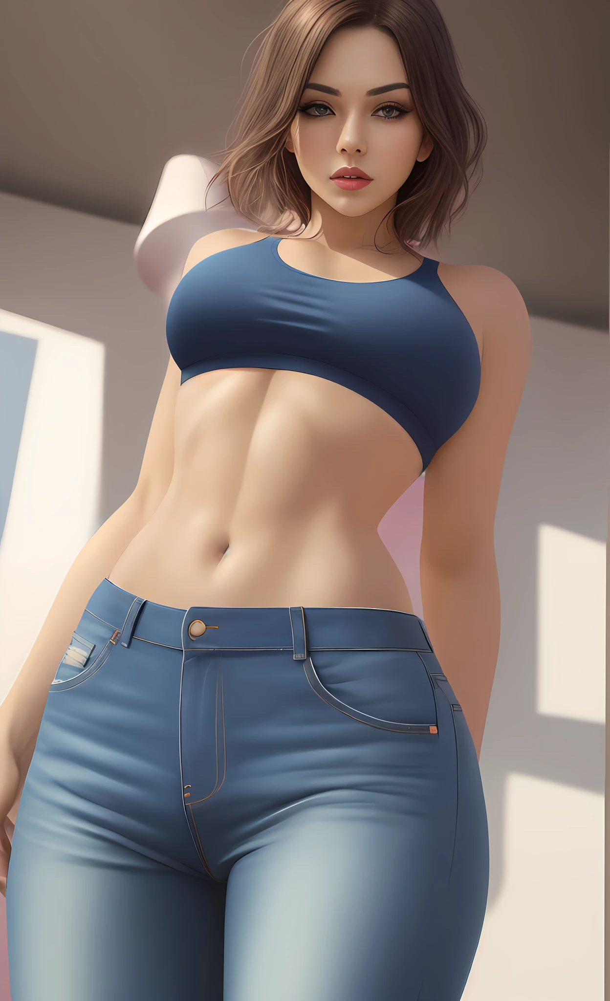 arafed woman in blue top and jeans posing for a picture, perfecr face, face, realistic shaded perfect body, photorealistic perfect body, physical : tinyest midriff ever, blue eyes, wearing a sexy cropped top, sport bra and dark blue shorts, semi - realistic render, perfectly shaded body, tinyest midriff ever, thin waist, realistic clothing, thin-waist, (((from below))), looking at you