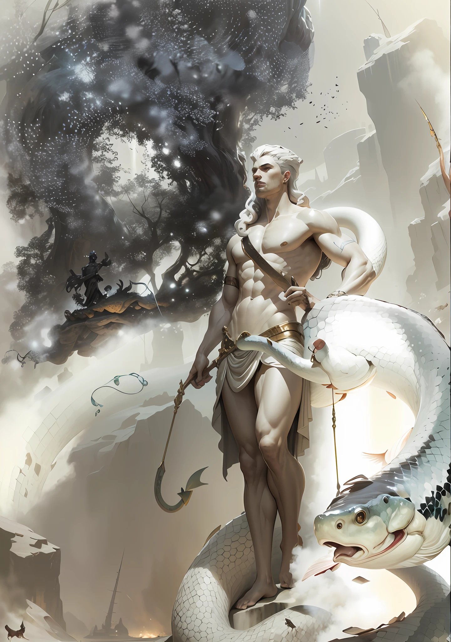 There is a statue of a man holding a fish and a snake, greek myth digital painting, God concept art, art of wlop and greg rutkowski, digital fantasy illustration, mythology artwork, peter mohrbacher. Unreal Engine, Goddess. extremely high detail, concept art digital illustration, mohrbacher, trending digital fantasy art, greek god, wlop art