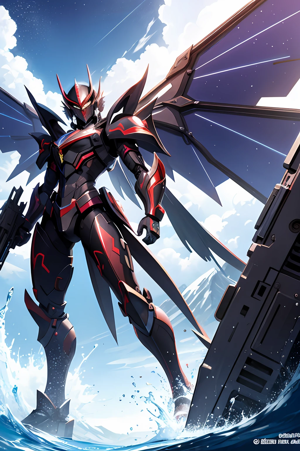 (tmasterpiece,best qualtiy:1.3),extremly high detail,复杂,8k,HDR,the wallpaper,cinmatic lighting,Skysky,flight,holdingweapon,with light glowing,armour,glowing light eyes,mechs,Realistis,mechs,large wings,In front stood the woman who manipulated it