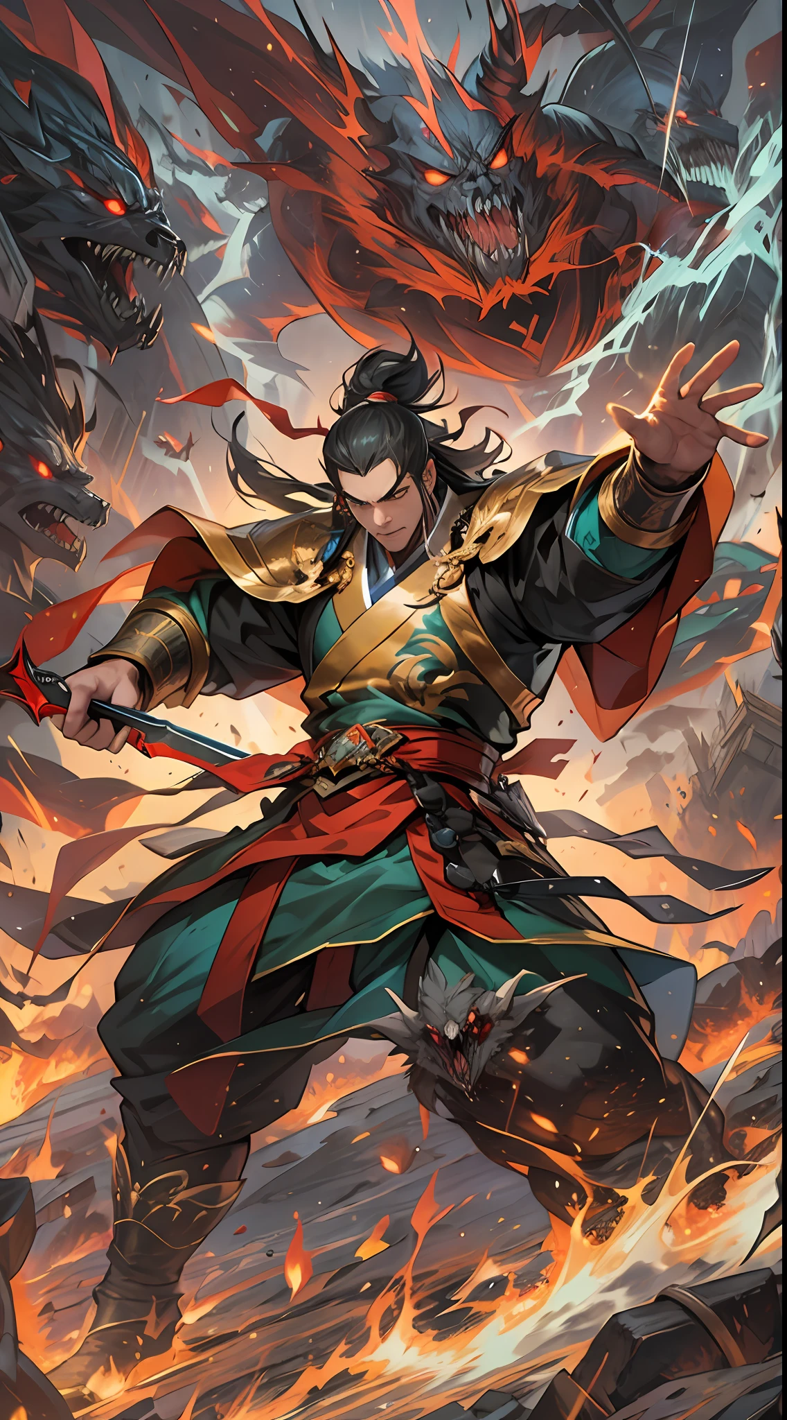 Li Gu demonstrates his terrifying power in the battle, defeating the forces of the Ten Thousand Demon League and the Unity Sect, Li Gu moves like lightning, wielding his weapon with destructive attacks, soldiers of the Ten Thousand Demon League and the Unity Sect are fragile in front of him, unable to withstand his terrifying power, , 32k, best quality, masterpiece, super detail, high details
