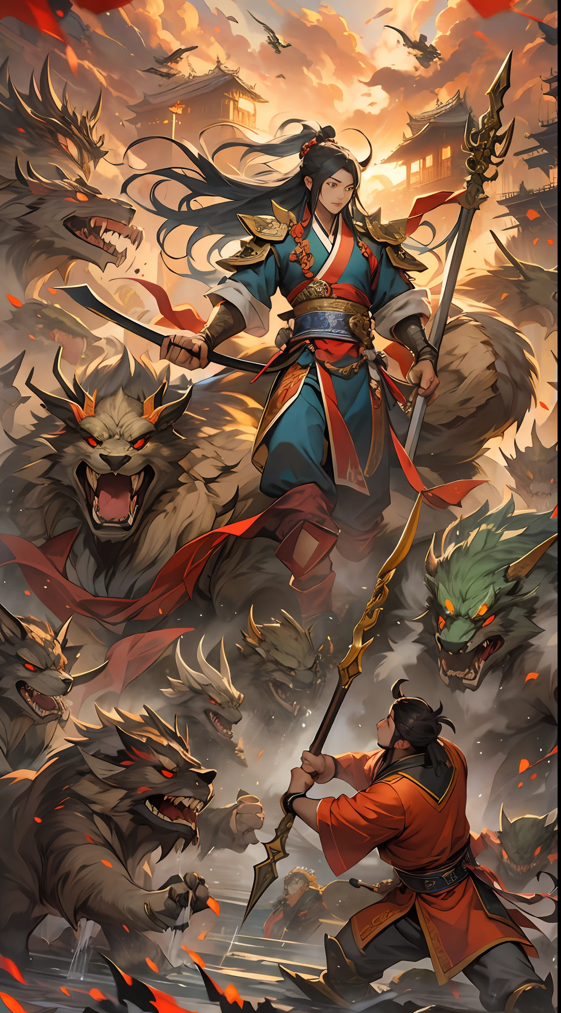 Yuan Jie and others are helpless against Li Gu's terrifying power, and in the end, the Ling Shan Group achieves victory, however, a representative of the Divine Beast Alliance steps forward, requesting mercy for Yuan Jie and others, and promising not to retaliate against the Ling Shan Group, a hint of pleading and concern in their expression, , 32k, best quality, masterpiece, super detail, high details,