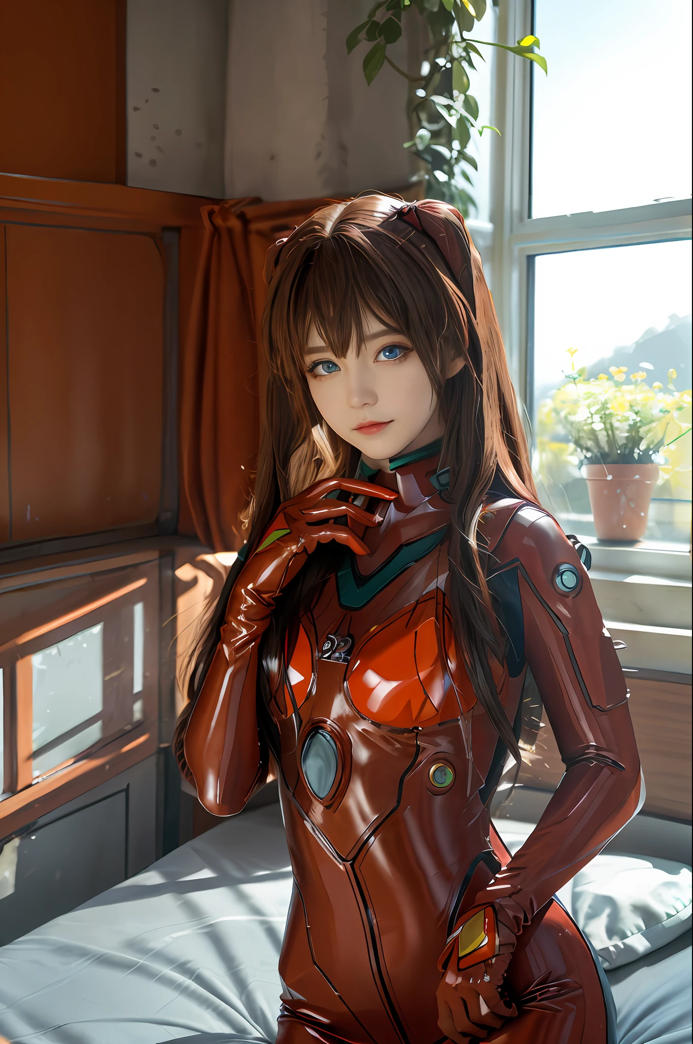 4K, 8K, (Masterpiece, best quality:1.2), blue eyes, perfect face, cosplay, professional photo, photo, photorealism, modelshoot style, portrait of shirogane, red plugsuit, feminine, bedroom, bed, sheets, window, plants, upper body, face shot