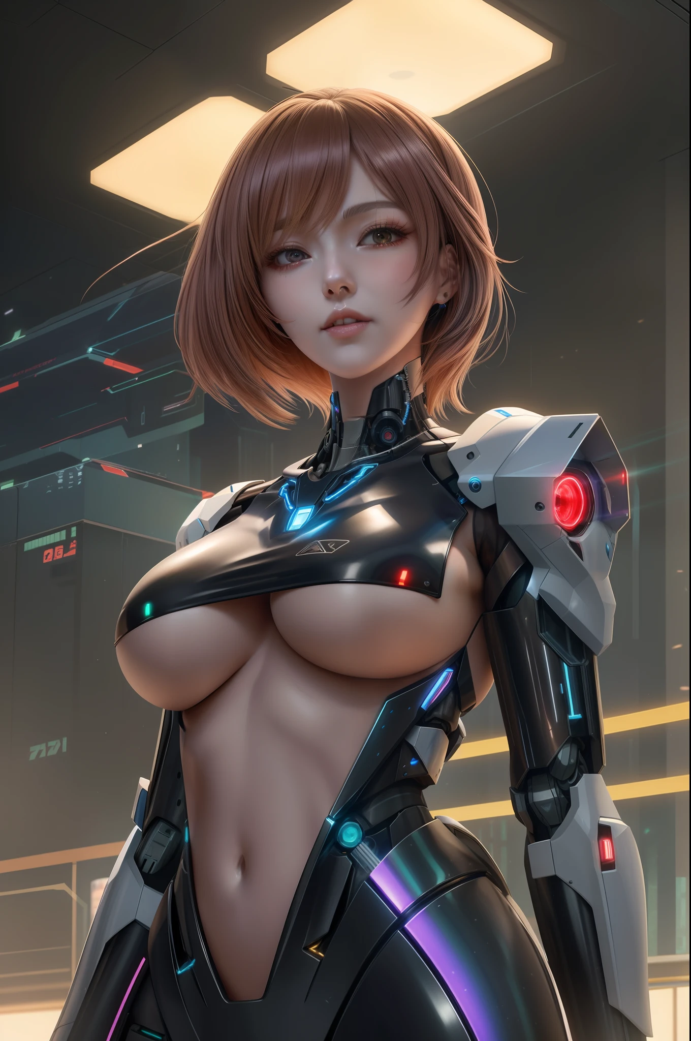 A woman in a futuristic suit,Big, Biomechanical OPPAI, an oppai cyberpunk, perfect android girl, girl in mecha cyber armor, gynoid body, Cute cyborg girl, cyberpunk anime girl mech, perfect anime cyborg woman, gynoid cyborg body, female mecha, biblical female android, perfect cyborg female