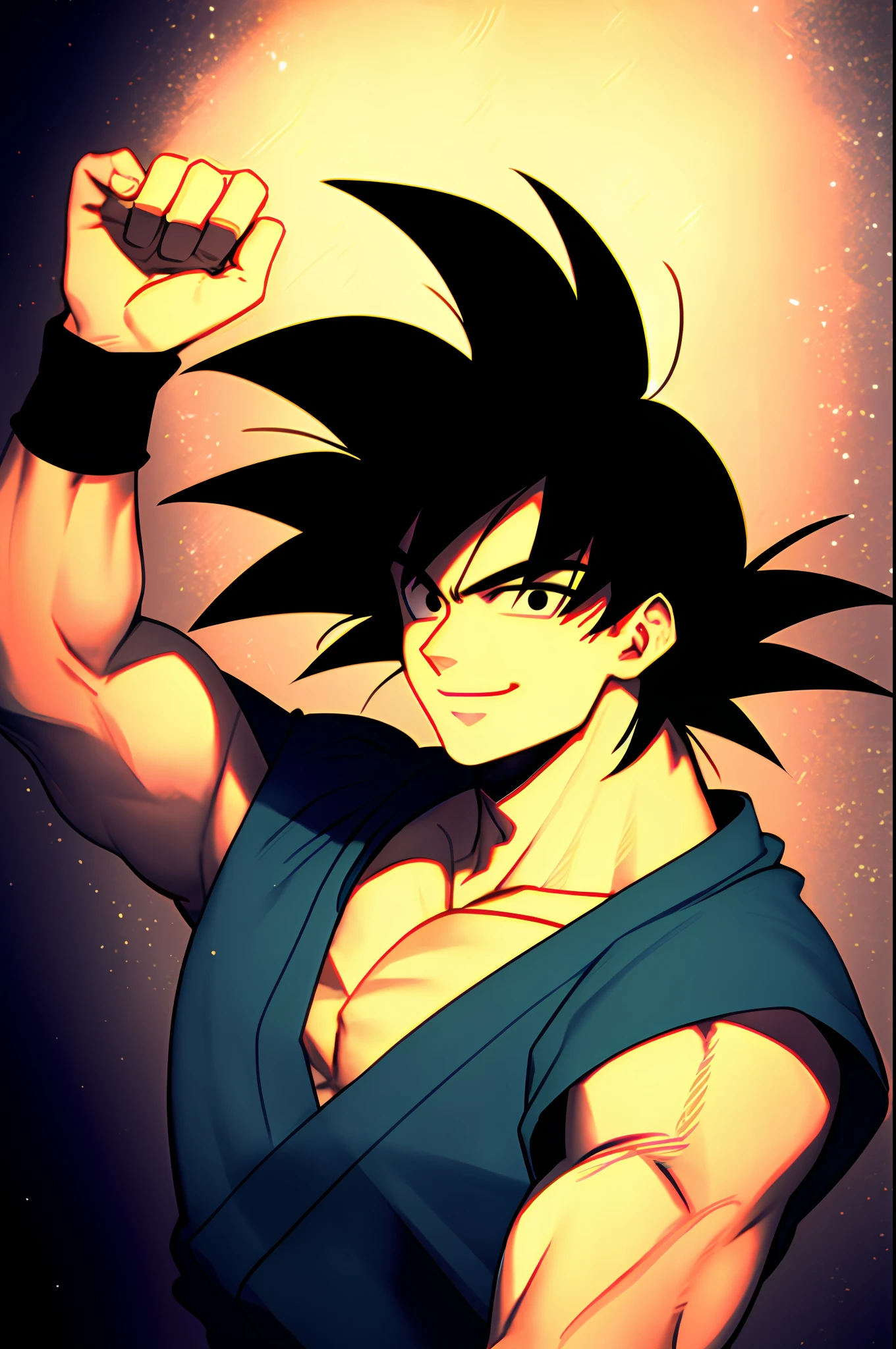 son goku, 1boy, backlighting, black eyes, black hair, blue wristband, closed mouth, dougi, hair strand, hands up, light particles, looking at viewer, male focus, muscular, muscular male, pectorals, smile, solo, spiked hair, upper body, wristband, ((masterpiece))