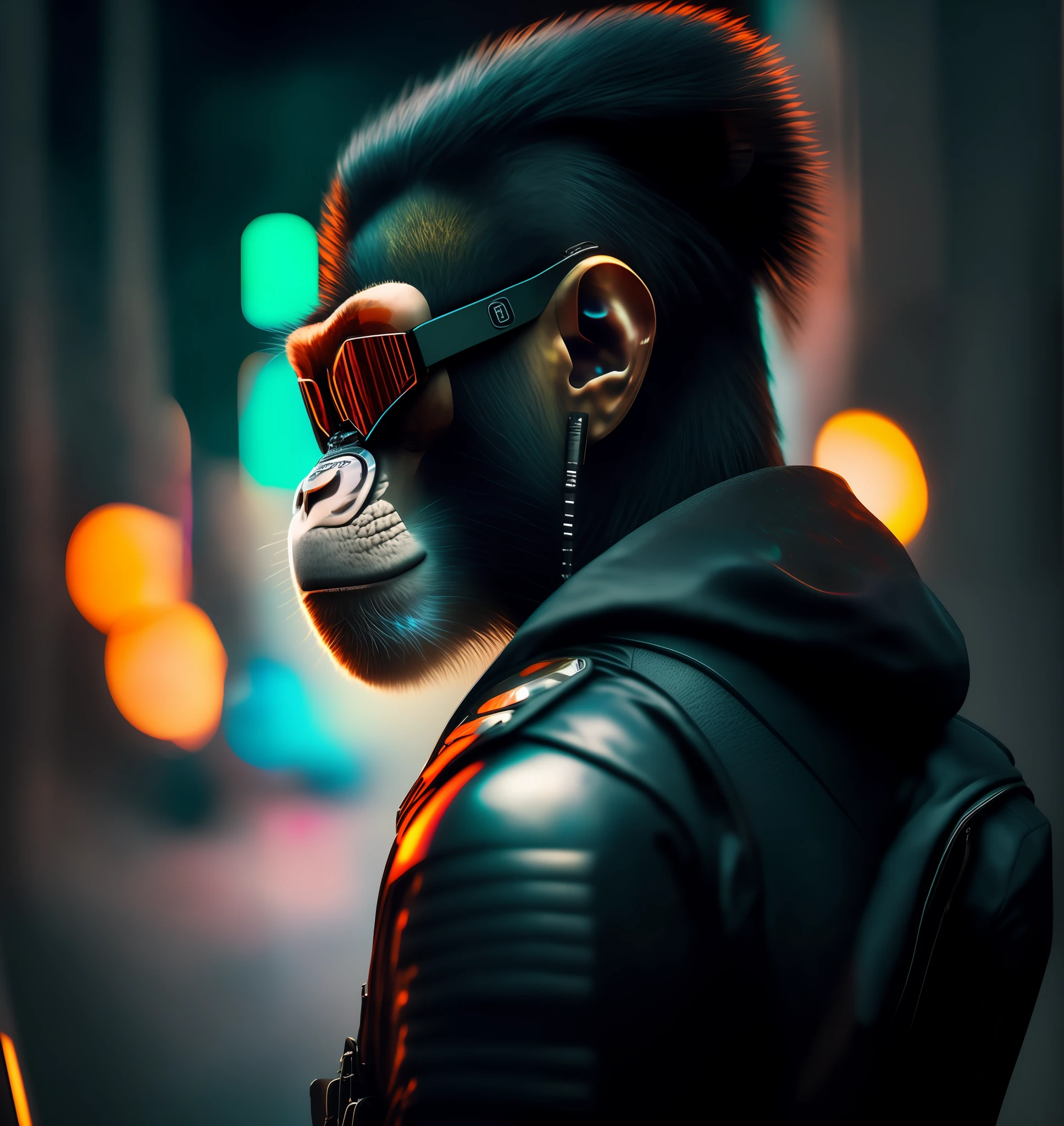 Arafed Monkey with sunglasses and a leather jacket in, Hybrid style beep blend, em estilo de bipe, Estilo Beeple, 3 d render bipe, cyber monkey in the scifi forest, cinematic beeple, bipe |, bipe!!, estilo cyberpunk hiper-realista, estilo cyberpunk , hiper-realista