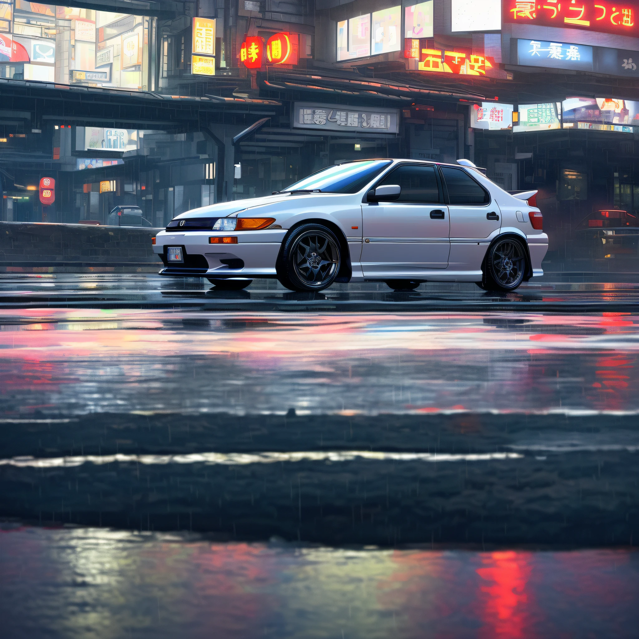 (masterpiece,best quality,real picture,high definition,high detailed)Car 1:1,Honda Civic hatchback Fifth Generation,year 1991,white color,black japanese SSR velg,in the street of tokyo,at the night, rainy --auto