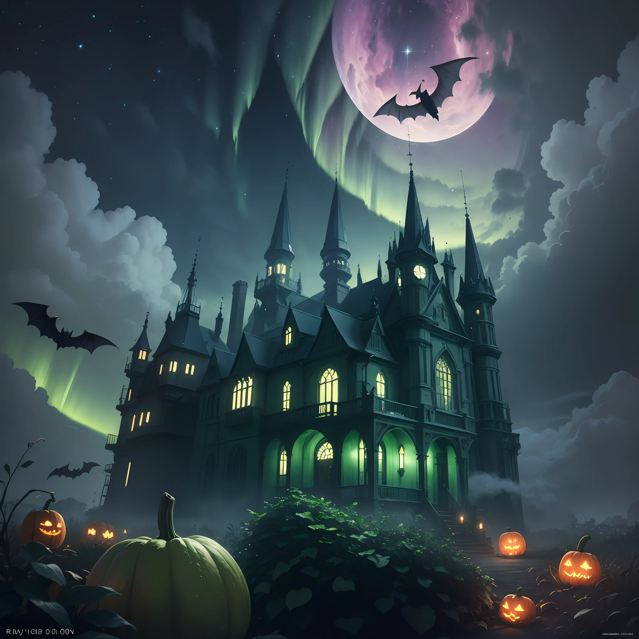 conceptual art, Gothic art, Ray tracing, Sparkle, Ultra-wide angle, kanon, f/4.0, hyper HD, 巨作, Best quality, A high resolution, Award-Awarded, 16k，Alchemy，steampunc，the bats，dreamy sky，Light green clouds，pumpkins，Green aurora