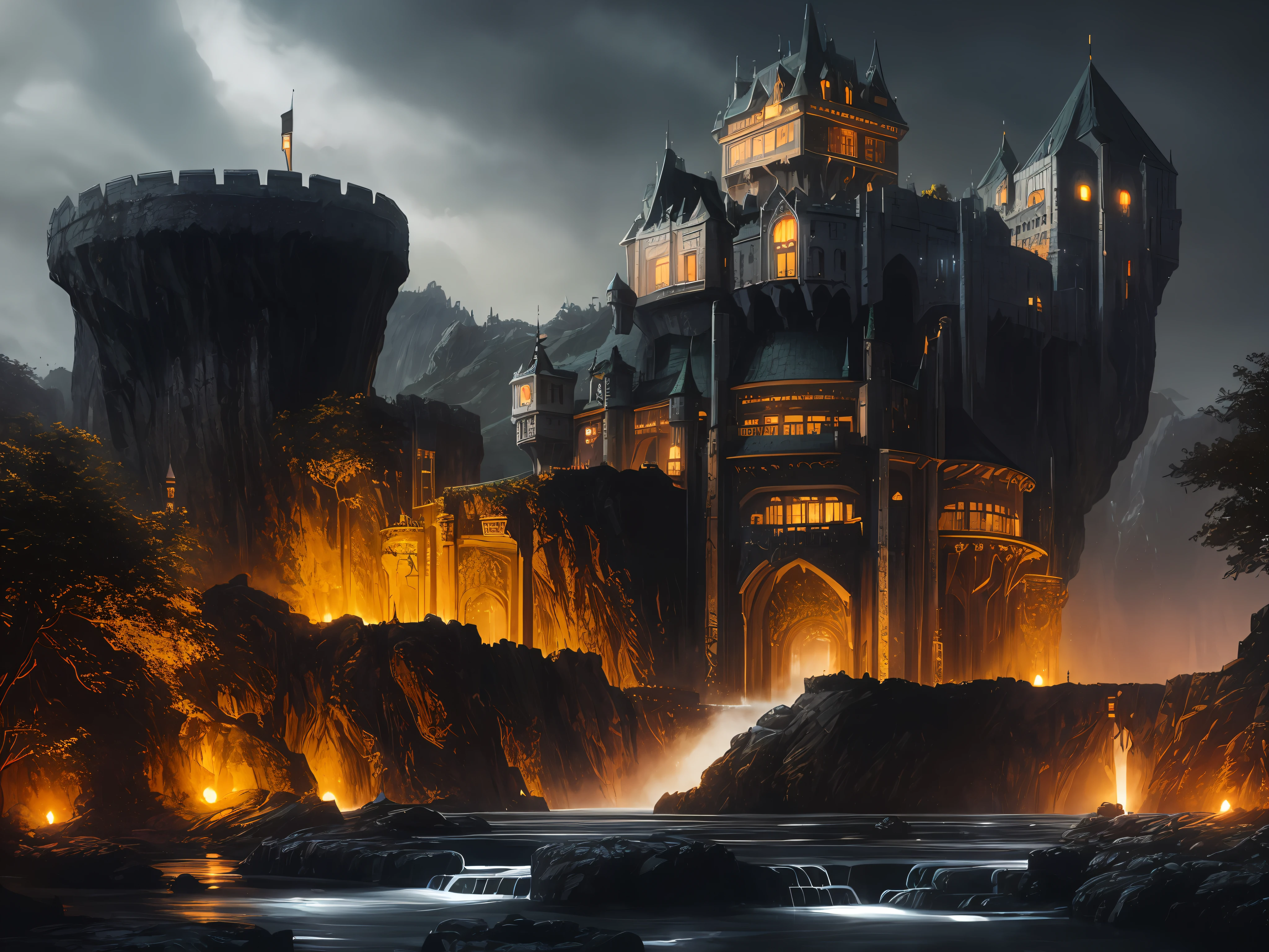 nighttime scene of a castle on a cliff overlooking a river, unreal engine fantasy art, fantasy castle, stuning fantasy 3 d render, matte painting in fantasy style, high fantasy castle, 4k fantasy art, dark castle setting, futuristic castle, cyberpunk castle, andreas rocha style, high fantasy matte painting, epic fantasy digital art style, dark fantasy setting