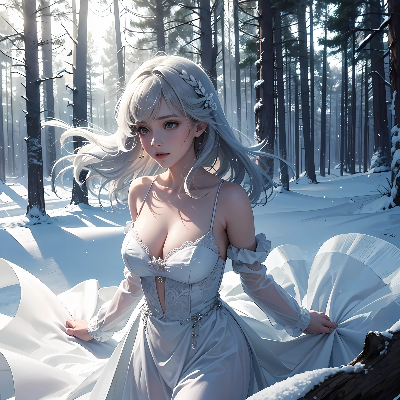 In a forest,There is a busty woman,Enjoy the breeze,She wore a long snow-white dress,God perspective --auto