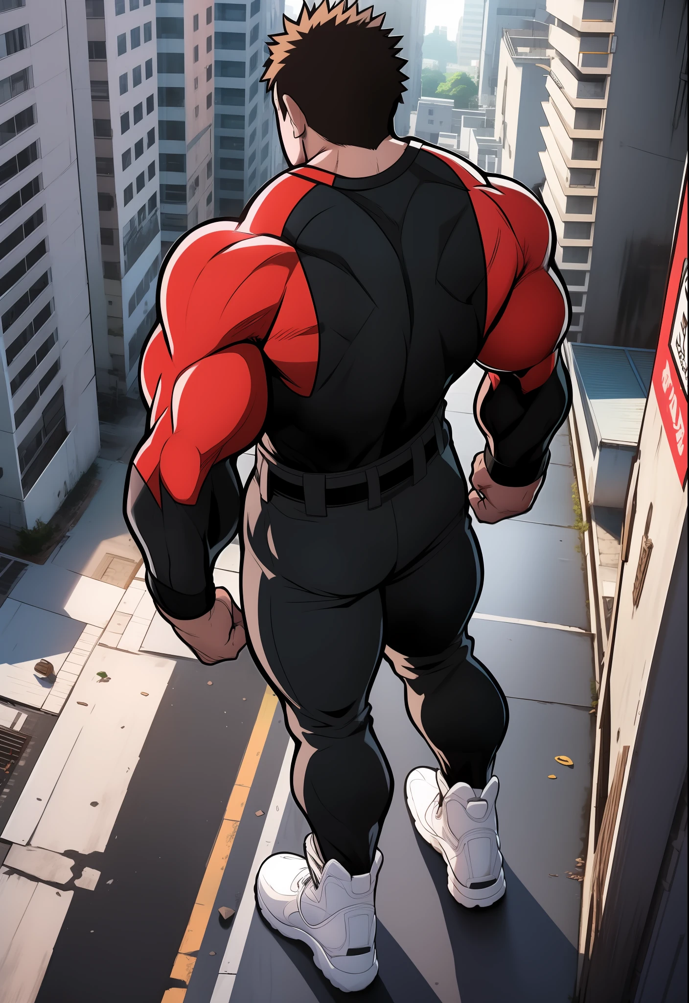 Generate anime-style artwork with a high-angle shot of a muscular male character with his back facing the camera, THE CHARACTER IS ON TOP OF A TALL BUILDING, O protagonista deve possuir um corpo extremamente musculoso, semelhante ao de um fisiculturista. Vista de cima para baixo, from above the angle, o personagem deve ter cabelos curtos  marrom escuros e estar vestido com uma camiseta vermelha, black pants and white Jordan sneakers. A imagem deve retratar o corpo inteiro do personagem, with the focus on his intimidating posture behind. The protagonist must exude strength and dominance, displaying a powerful presence. A cena deve apresentar apenas o personagem musculoso, THE CHARACTER MUST BE ON TOP OF A BUILDING SHOWING A LARGE CITY BELOW HIM