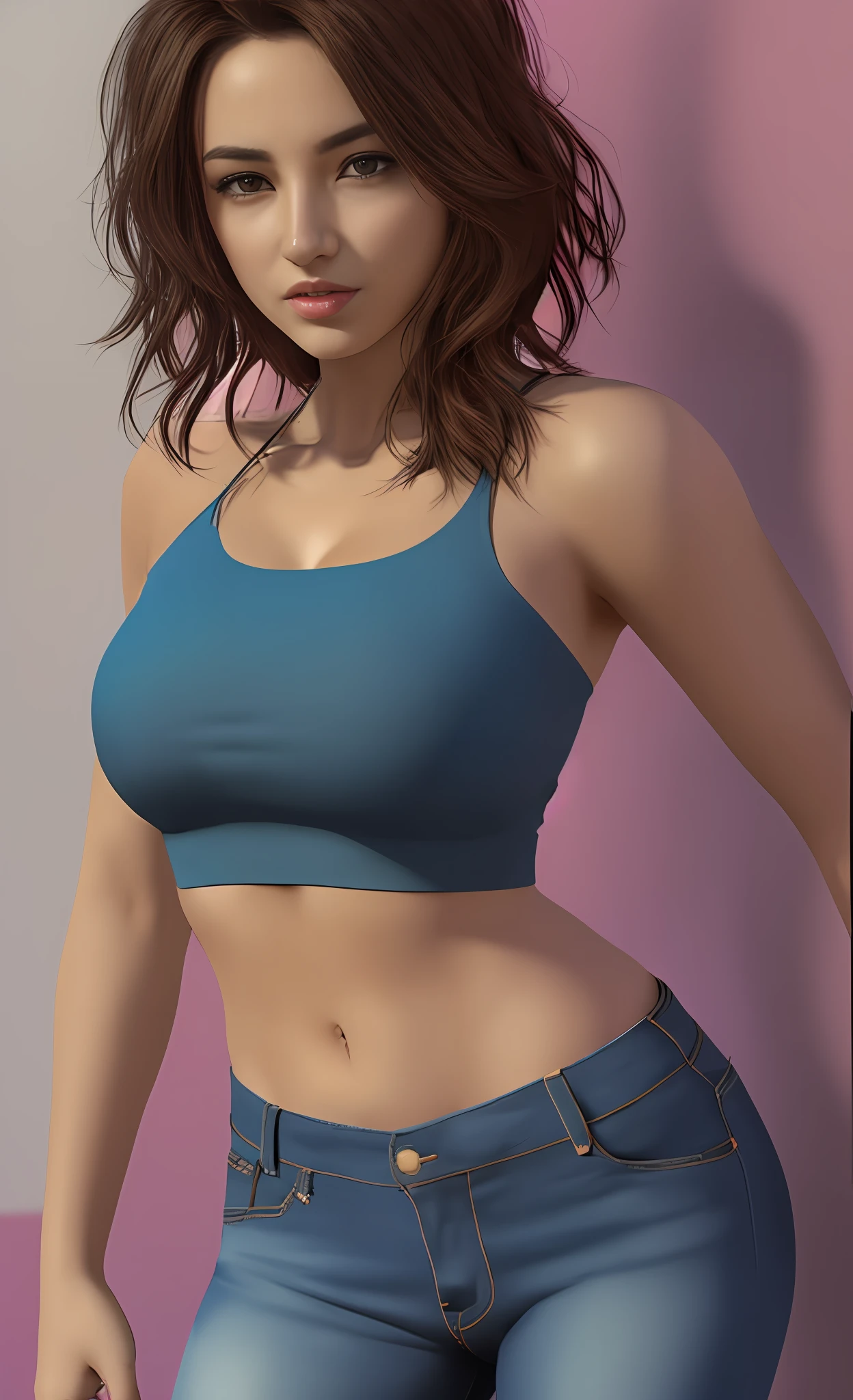 arafed woman in blue top and jeans posing for a picture, perfecr face, face, realistic shaded perfect body, photorealistic perfect body, physical : tinyest midriff ever, blue eyes, wearing a sexy cropped top, sport bra and dark blue shorts, semi - realistic render, perfectly shaded body, tinyest midriff ever, thin waist, realistic clothing, thin-waist, face