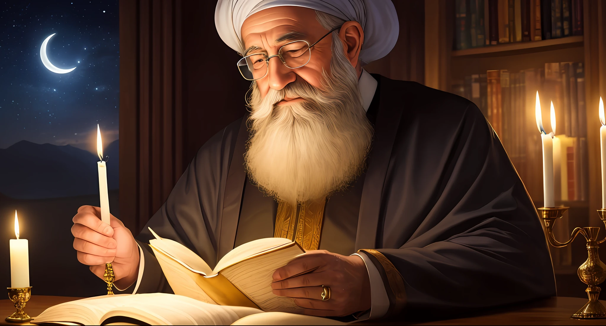 old rabbi reading torah, candle light, night background, mystic, photorealistic , detailed --auto